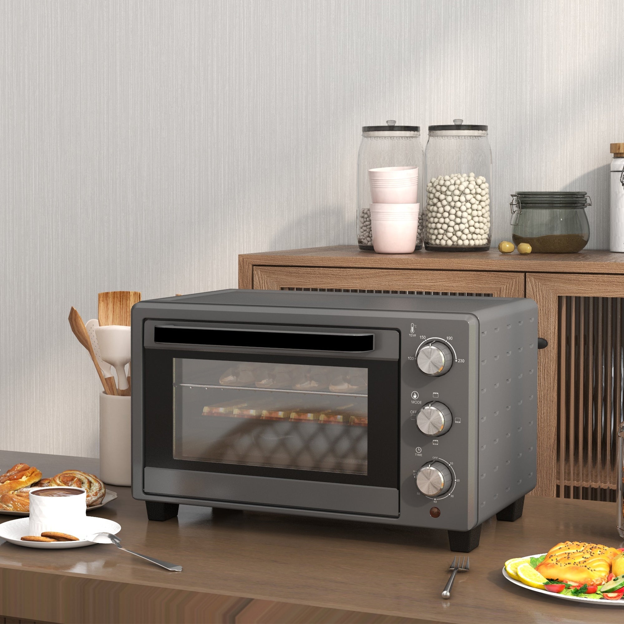 HOMCOM 21L Mini Countertop Oven, 100\'c2\'b0C-230\'c2\'b0C Adjustable Temp - Grey