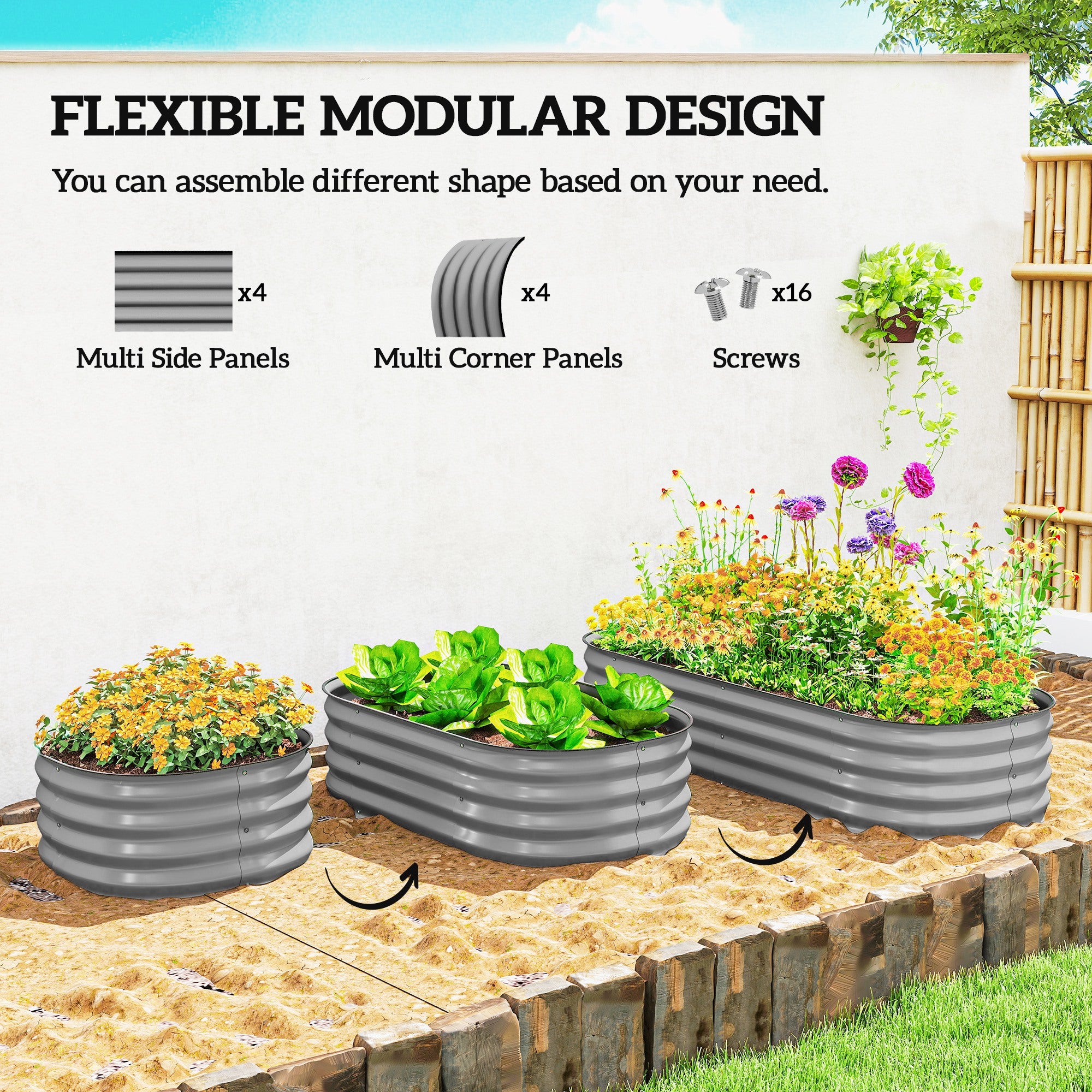 Outsunny Galvanised Raised Garden Bed, Metal Planter Box with Safety Edging, for Flowers, Herbs, Succulents, Silver