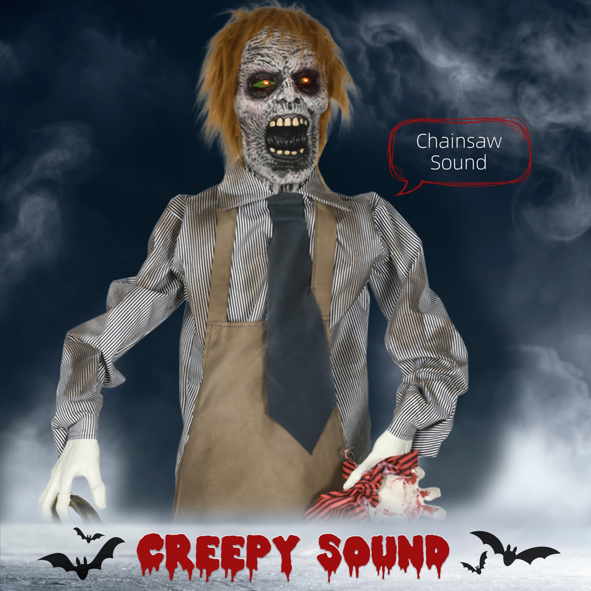 HOMCOM 5.5ft Life Size Halloween Animatronic Standing Chainsaw Killer, with Light Up Eyes, Sound Activated Moving Body, Scary Halloween Decorations, Battery Operated, Indoor Party Props