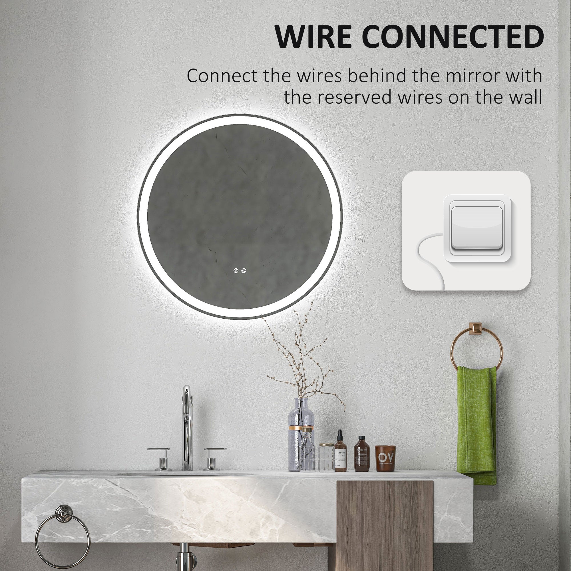 kleankin Round Bathroom Mirror with LED Lights, Wall Mount Dimmable Makeup Mirror with 3 Temperature Colours, Defogging Film and Memory Function, Frameless, Hardwired, 70 x 70\'c2\'a0cm