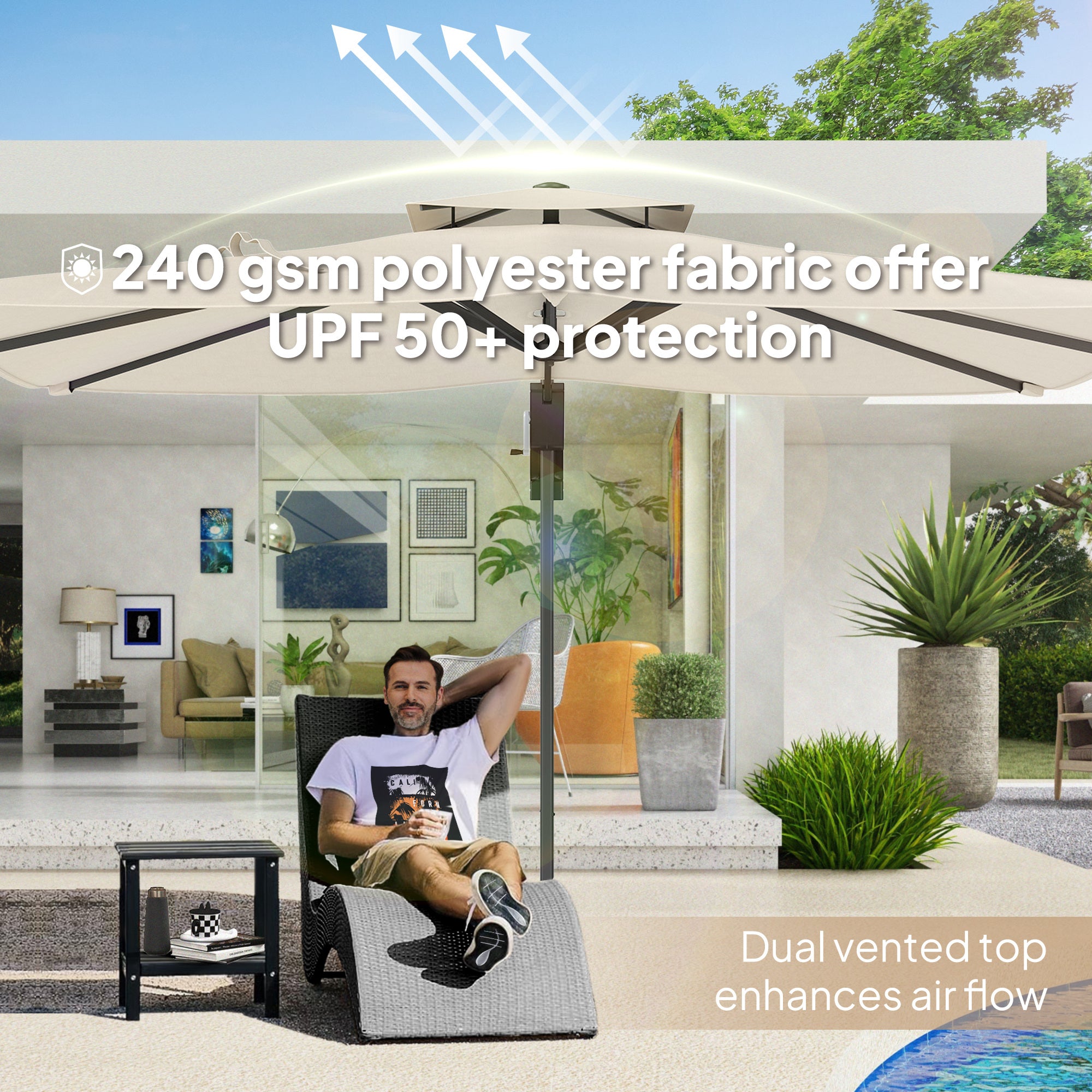 Outsunny 3.7 x 2.7 m Cantilever Parasol w/ 360° Rotation and Easy Tilt Adjustment, Aluminium Hanging Offset Outdoor Umbrella w/ Double Top and Cross Base, UPF50+ Hanging Sun Shade, Black