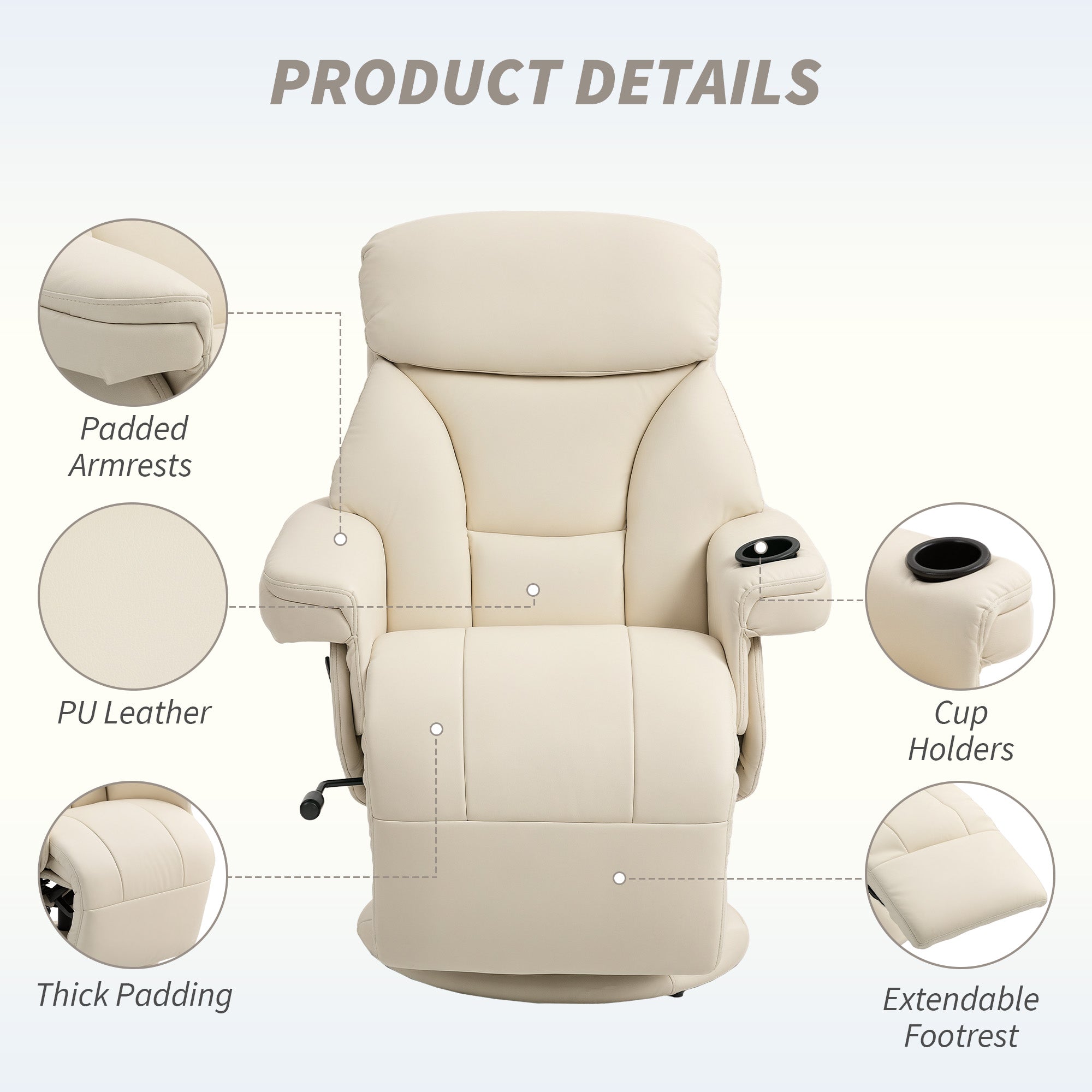 HOMCOM Manual Recliner Chair with Footrest, Upholstered Reclining Armchair with Adjustable Backrest and Cup Holder, PU Leather Swivel Chair for Living Room, Bedroom, Cream White