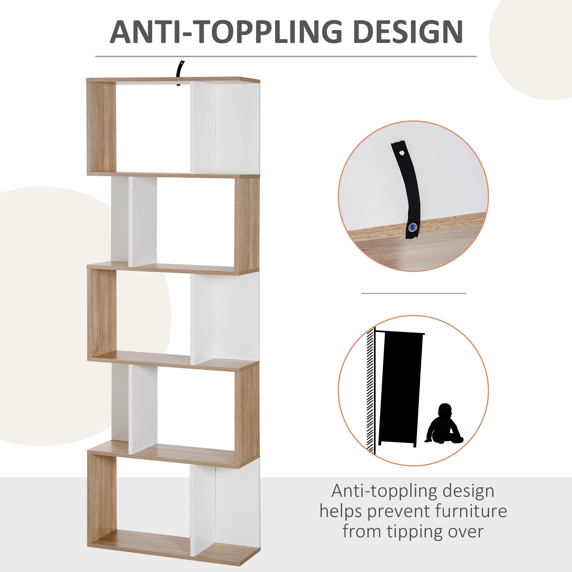 HOMCOM 5-tier Bookcase Storage Display Shelving S Shape design Unit Divider Natural