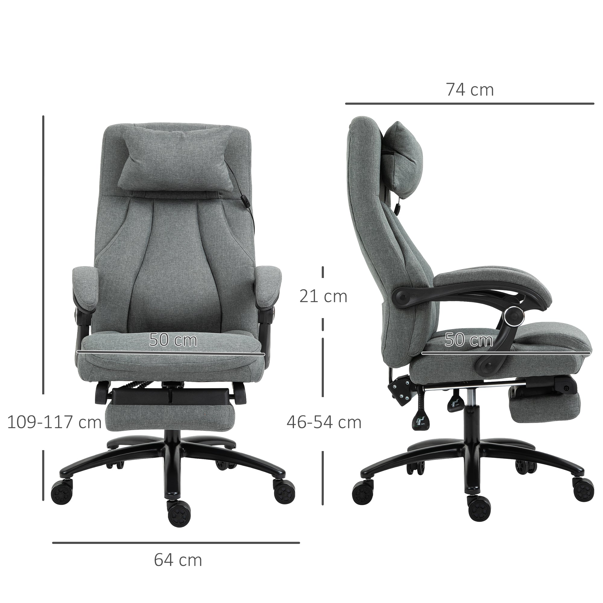Vinsetto Office Chair, Fabric Desk Chair with Adjustable Massage Pillow, USB Power and Retractable Footrest, High Back, 360\'c2\'b0 Swivel, for Home, Grey