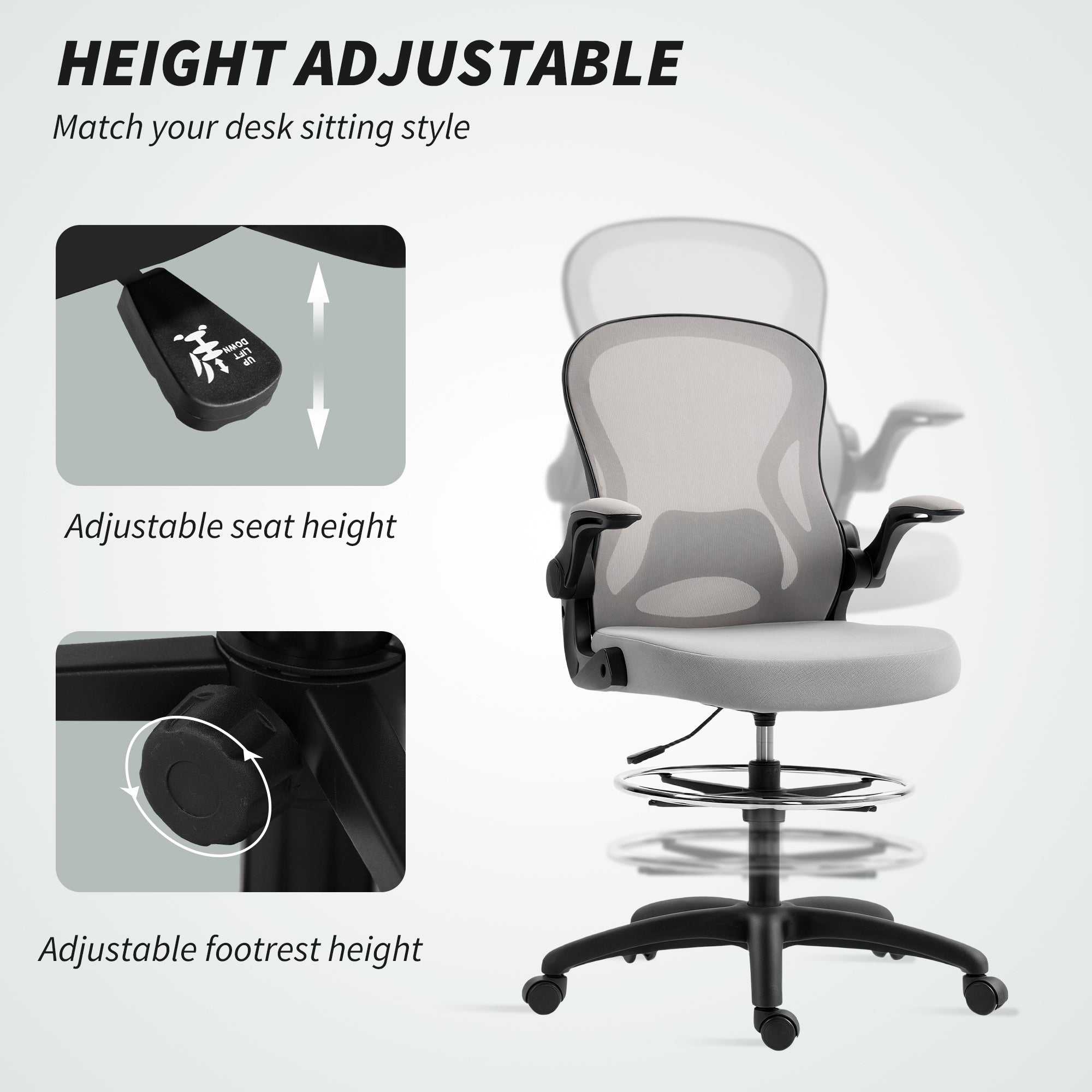Vinsetto Adjustable Mesh Standing Desk Chair with Flip-up Armrests Lumbar Support Armrests Adjustable Footrest Ring Grey