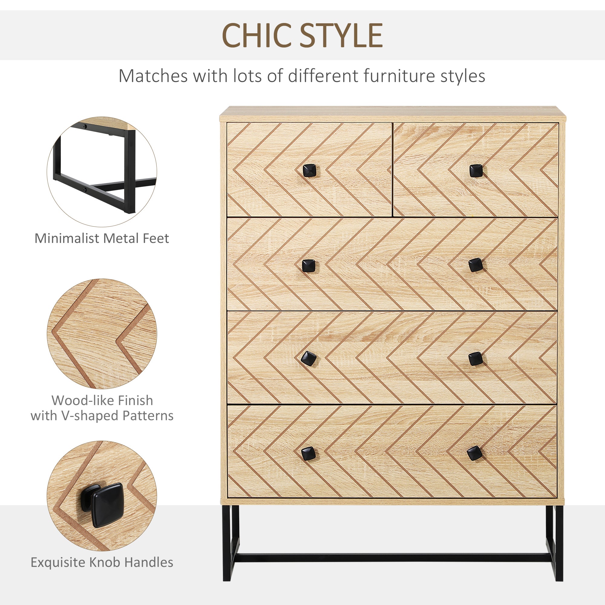 HOMCOM 5 Drawer Chest Sideboard Cabinet Storage Unit Bedroom Home Unique Zigzag Design w/ Black Metal Handles Anti Tip & Top