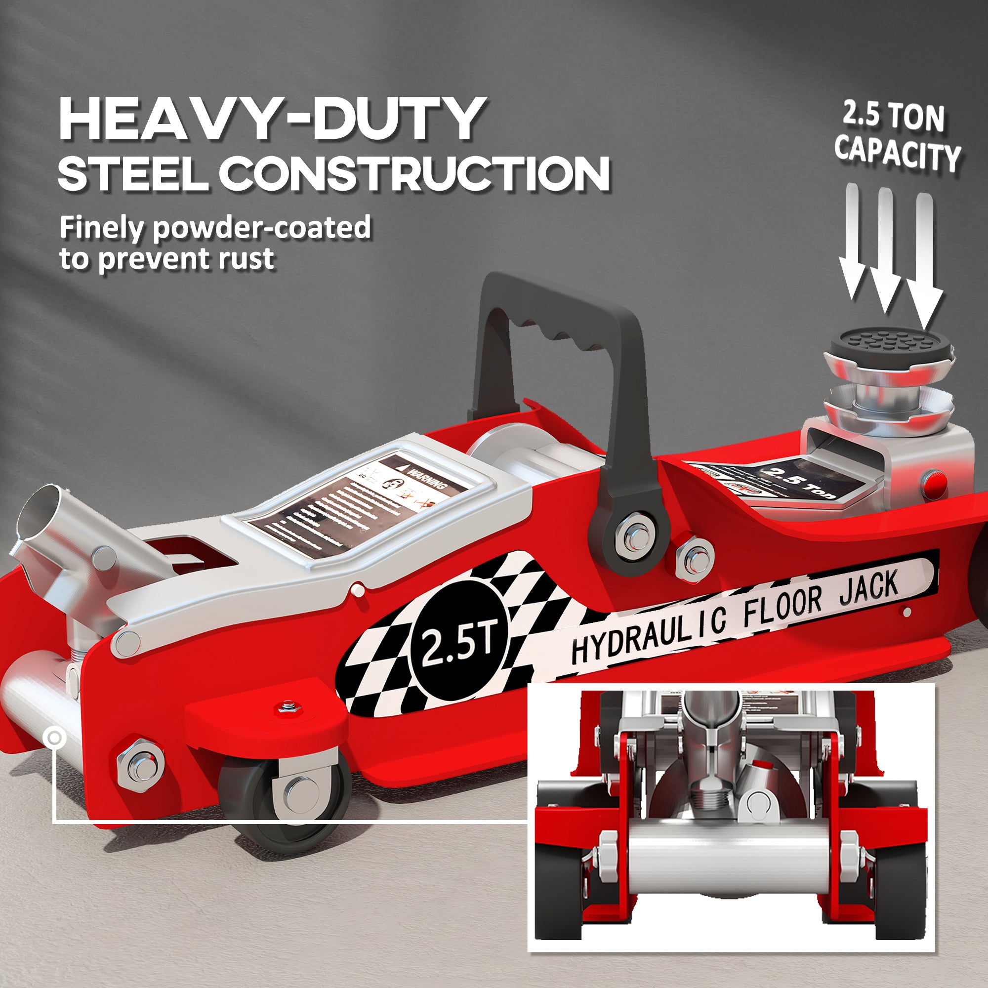 HOMCOM Hydraulic Low Profile Floor Jack, 2.5 Tonne Heavy Duty Steel Trolley Car Jack Lift with 80-360 mm Lifting Range, Wheels, Top Handle, Red