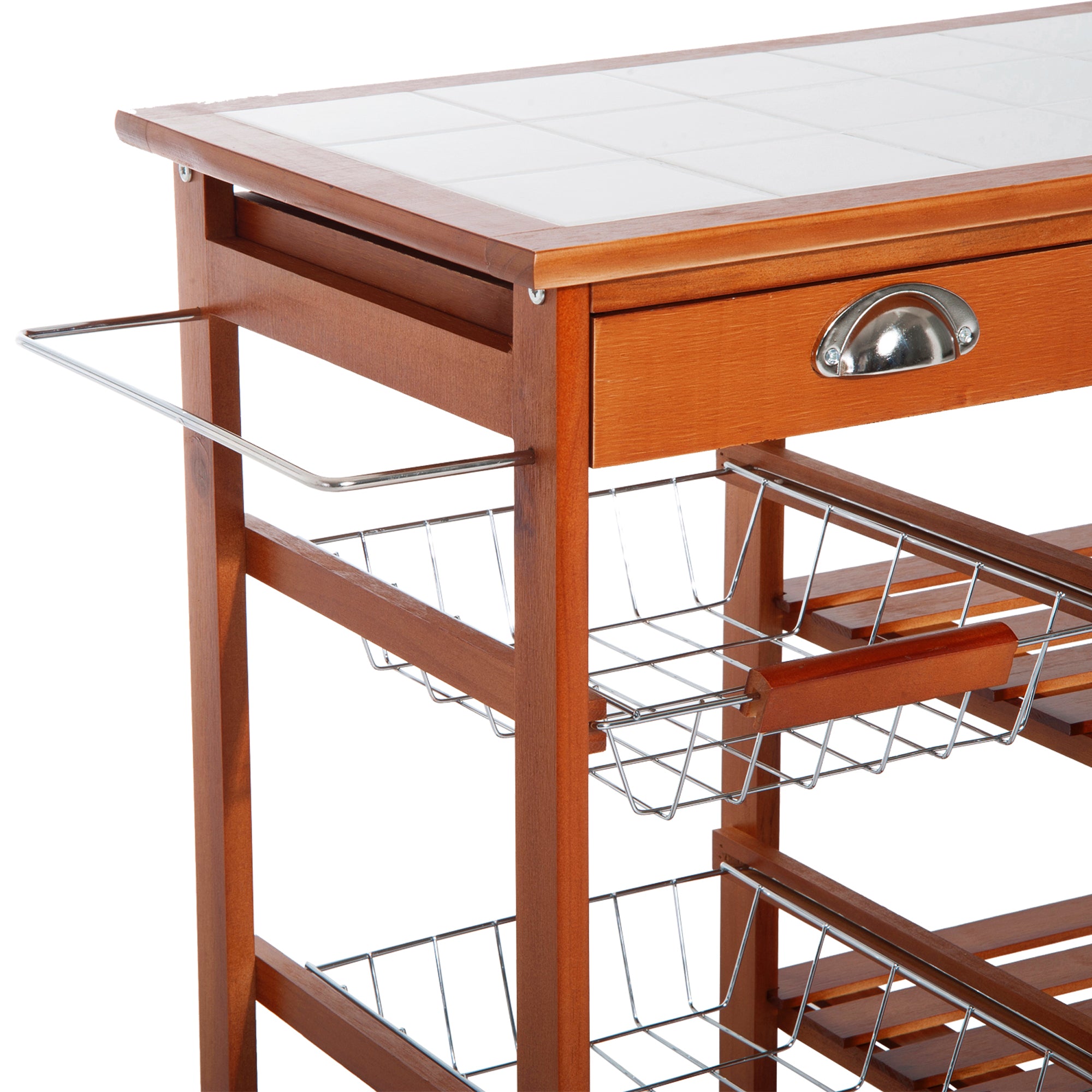 HOMCOM Rolling Kitchen Island Trolley Cart Drawer Shelves Basket Wheels W/ 6 Bottle Wine Rack, Honey Colour