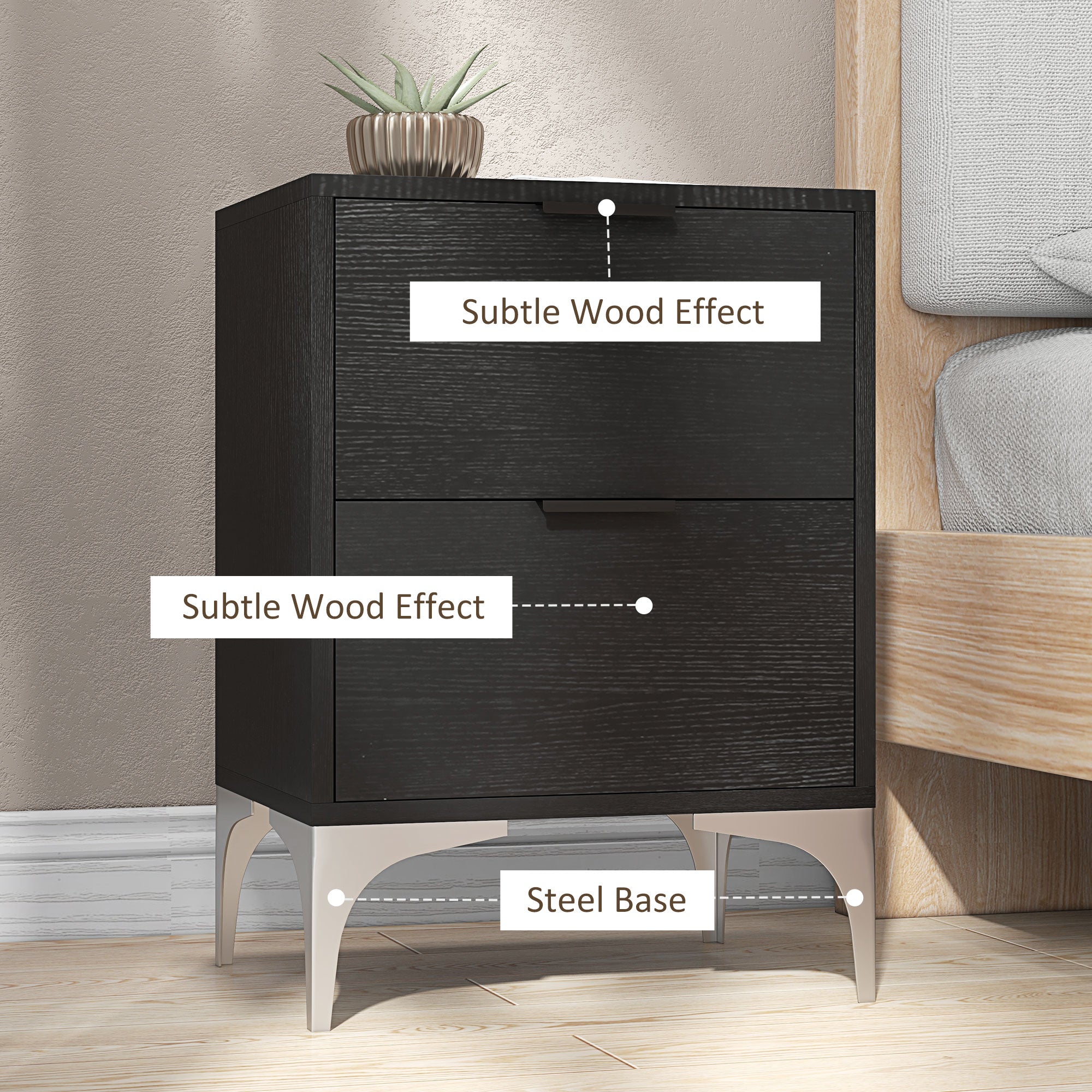 HOMCOM Set of Two Wood Effect Bedside Tables with Silver Steel Base, Black