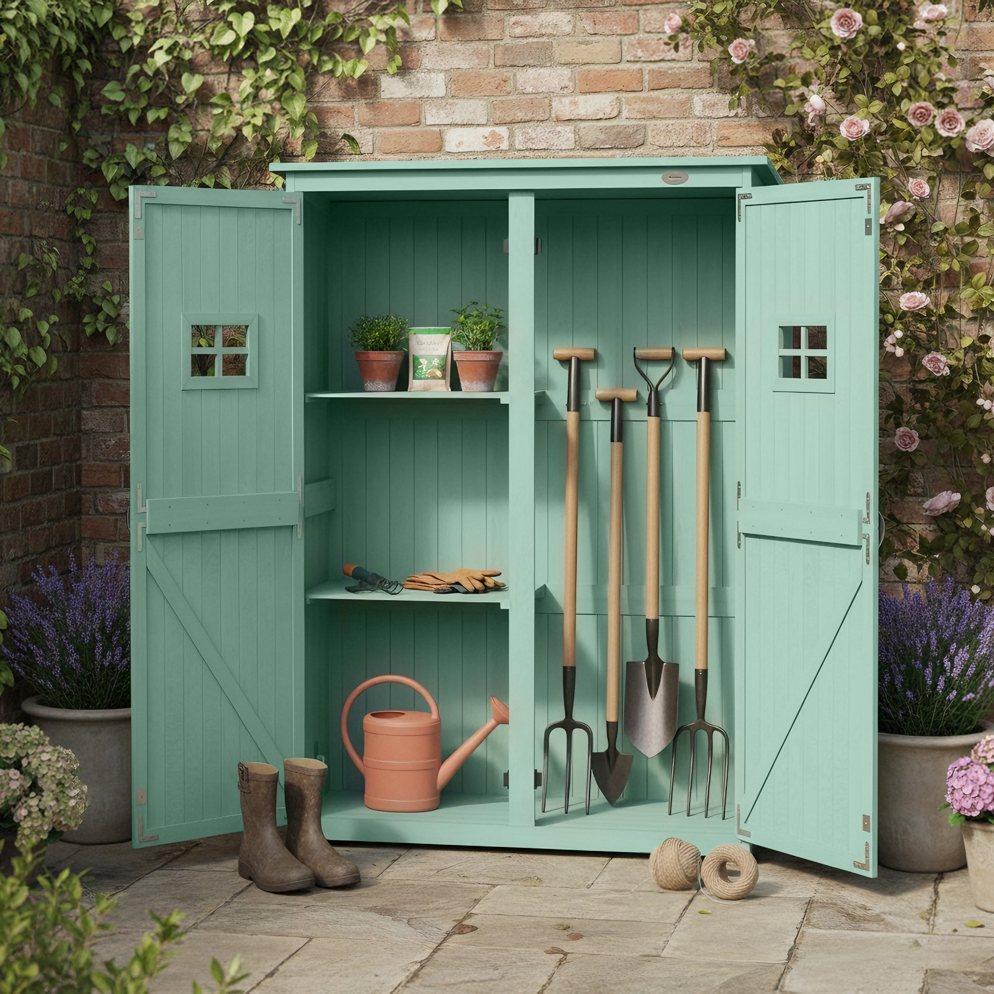 Outsunny Wooden Garden Shed with Two Windows, Tool Storage Cabinet, Outdoor Double Door organiser 127.5L x 50W x 164H cm, Green