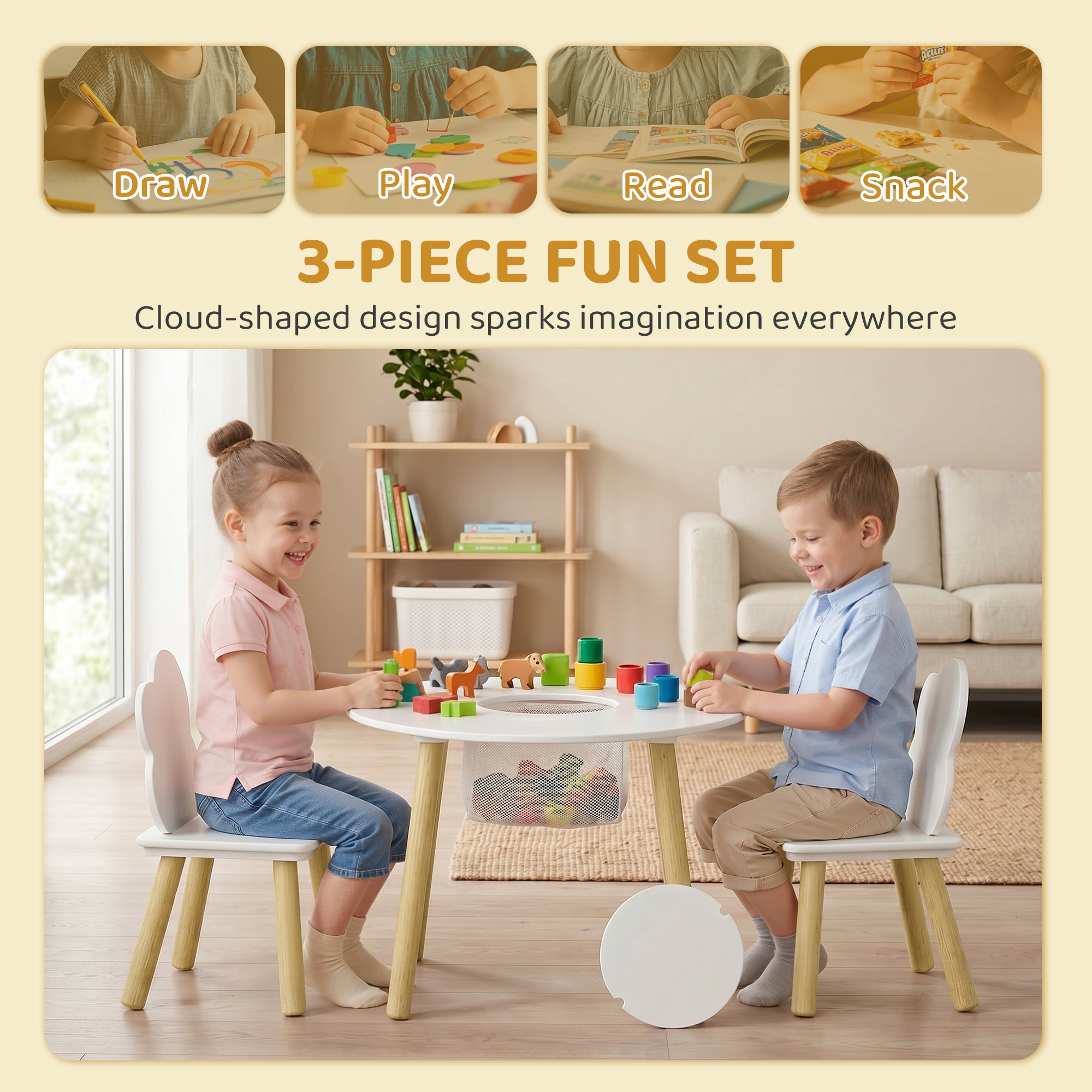 AIYAPLAY Kids Table and Chairs Set with Storage Bag Toddler Table and Chairs Set 3 Piece for Playroom White