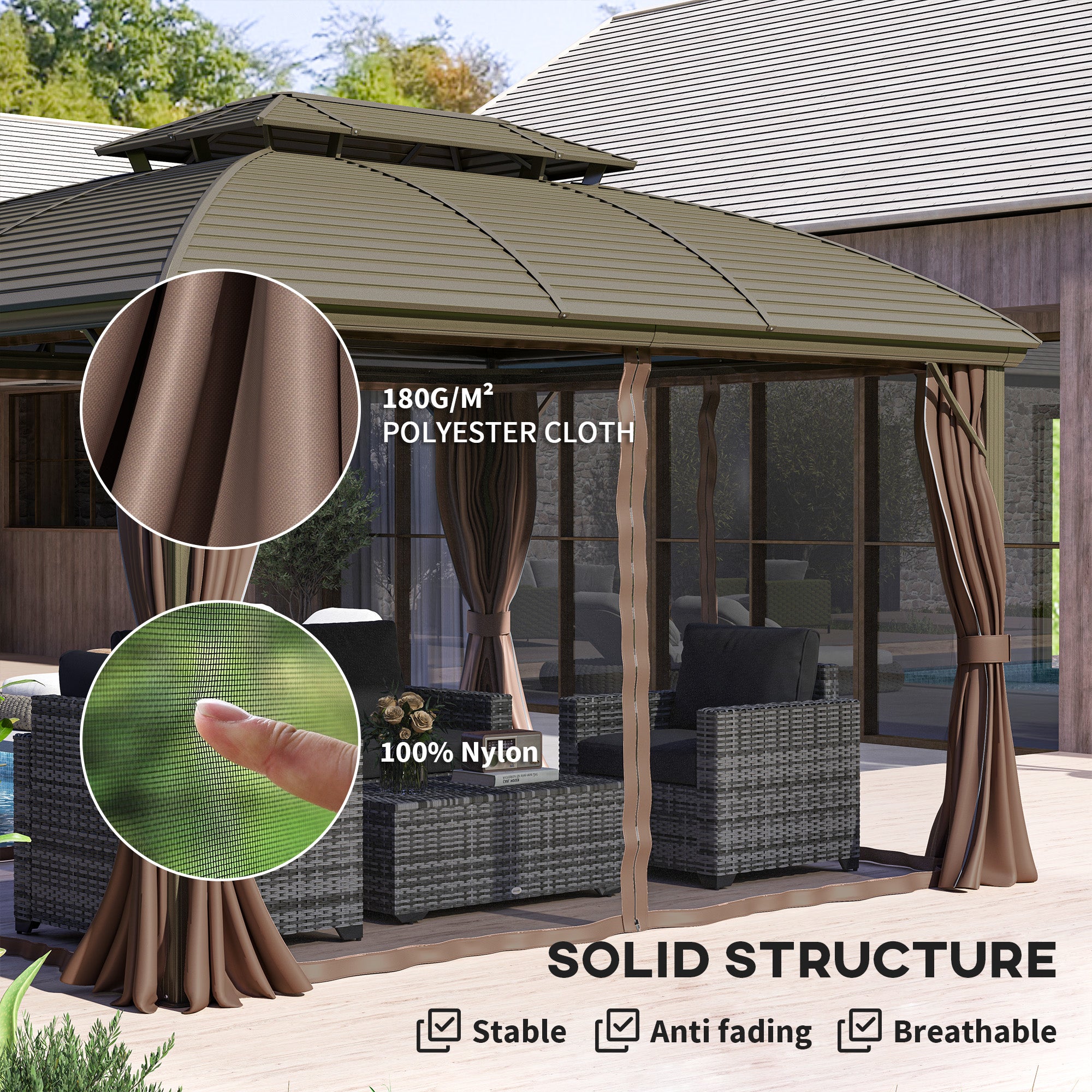 Outsunny 3.65 x 3(m) Hardtop Steel Gazebo Canopy with Aluminium Frame, Double Roof, Net Sidewalls and Curtains, Coffee