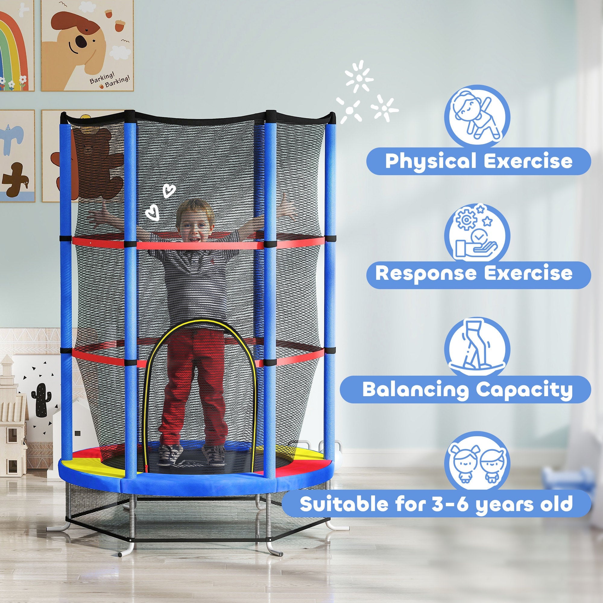 HOMCOM Kids Trampoline, with Enclosure Net, Steel Frame, for Ages 3-6 Years - MultiColoured
