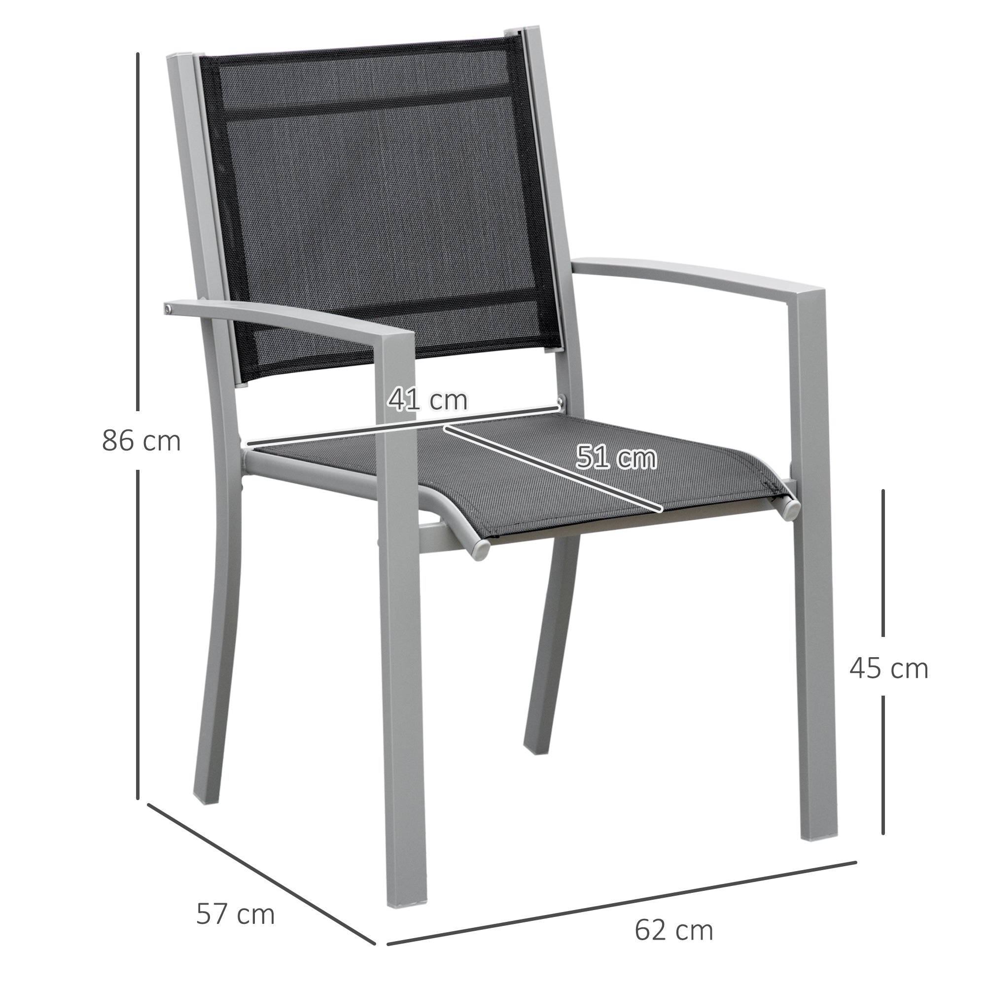 Outsunny Garden Chairs Set Of 2 Outdoor Chairs with Steel Frame Texteline Seats for Dining Patio Balcony Grey and Black
