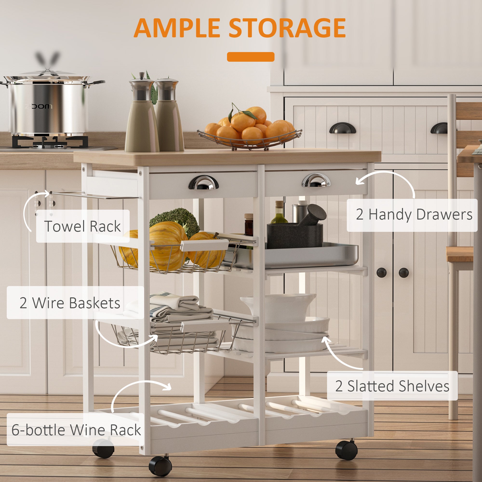 HOMCOM Rolling Kitchen Island Trolley Cart Drawer Shelves Basket Wheels W/ 6 Bottle Wine Rack White