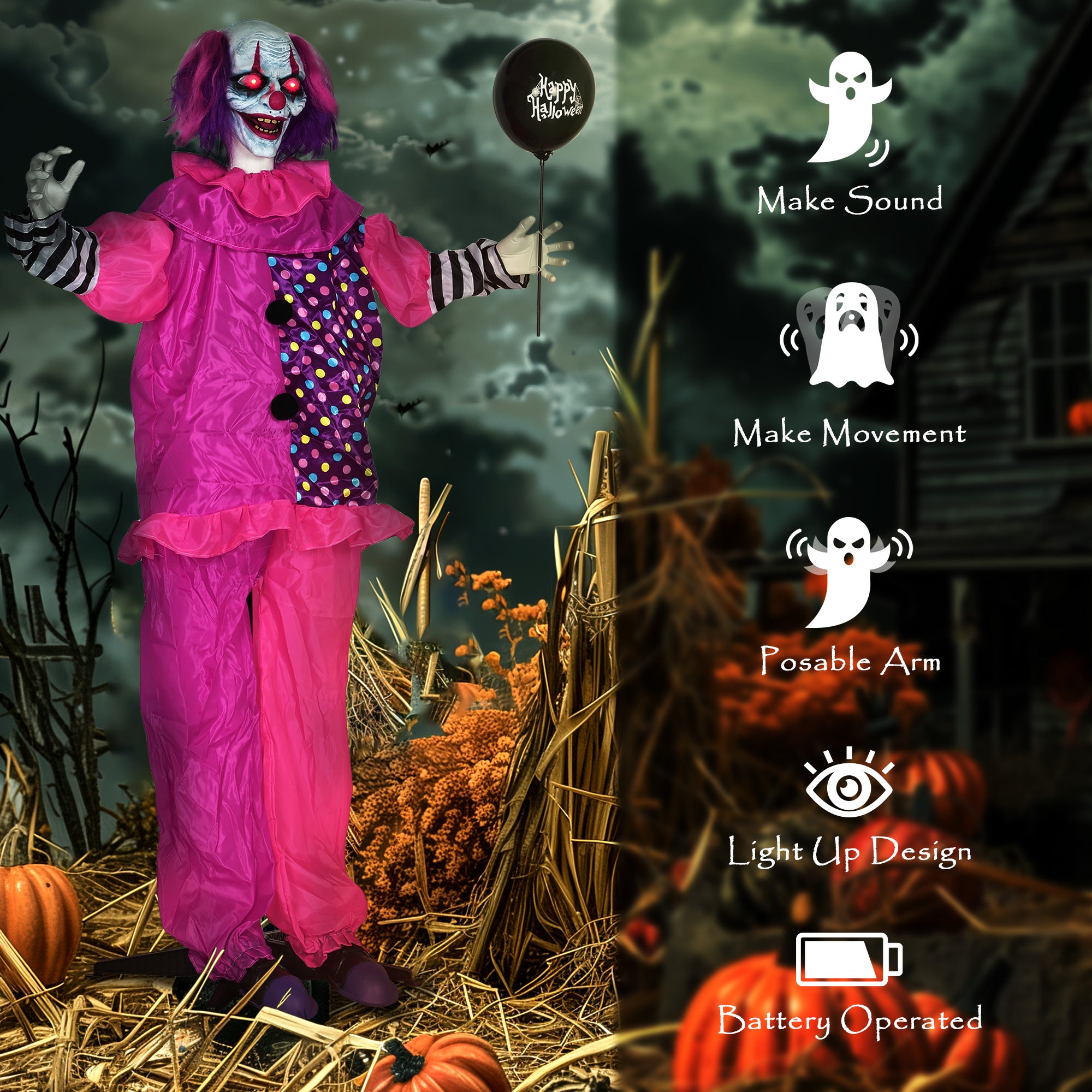 Outsunny 5′7″ Scary Animated Clown Decoration - Pink/Purple