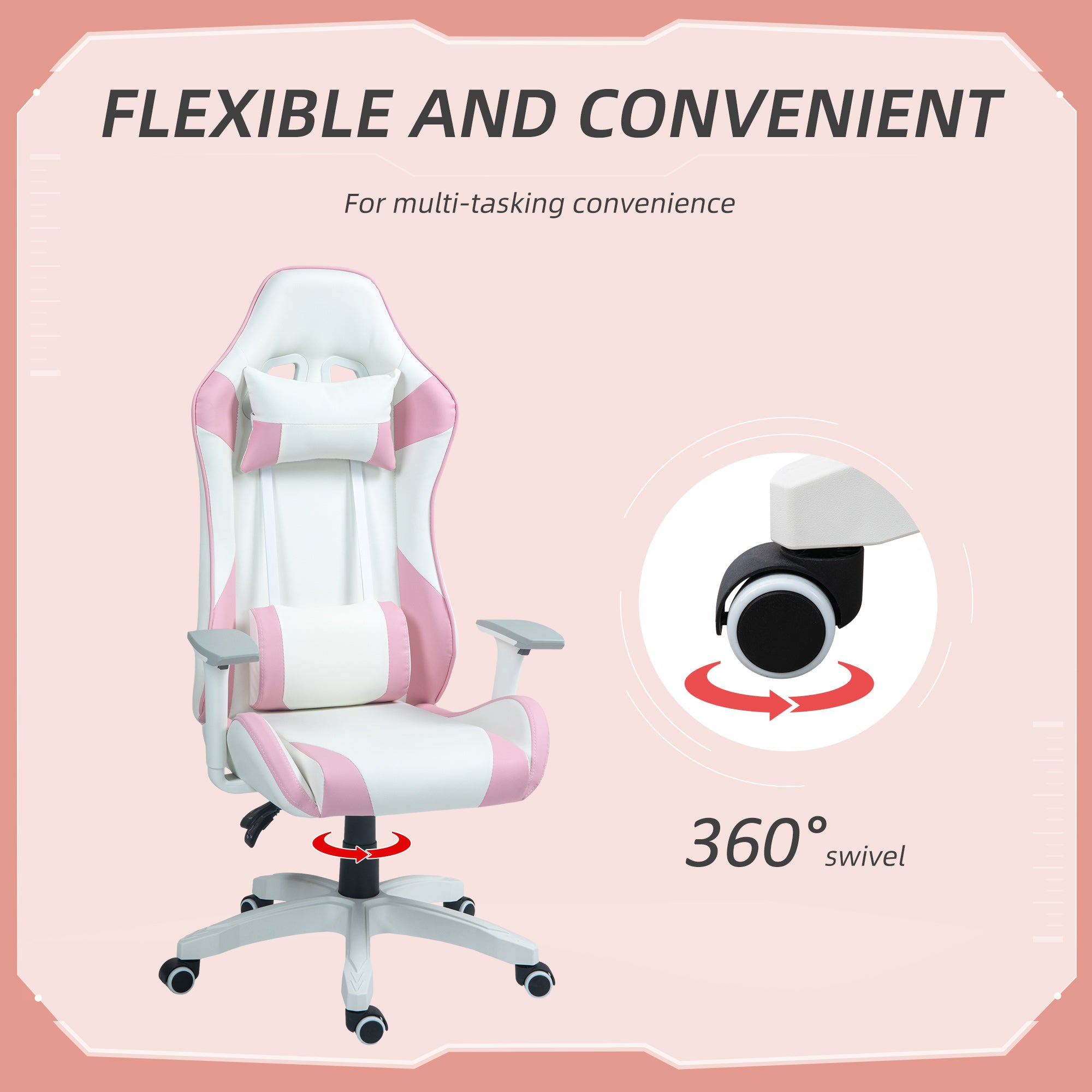 HOMCOM Faux Leather Colour Block Gaming Chair, with 135\'c2\'b0 Reclining Back - Pink/White