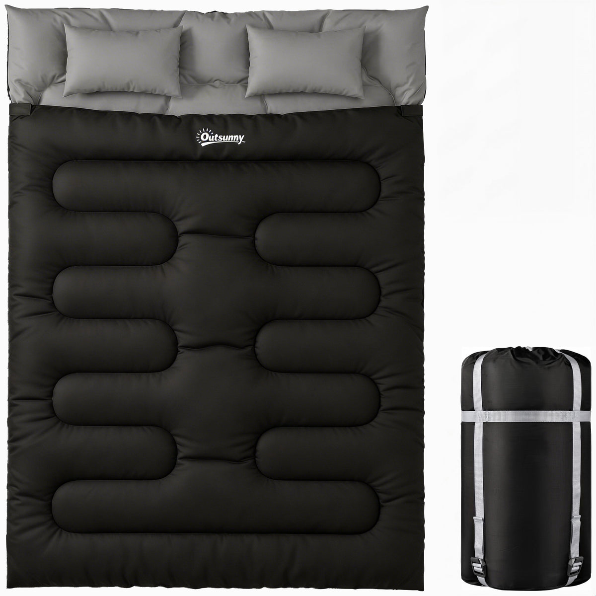 Outsunny Double Sleeping Bag with 2 Pillows, 220 x 160 cm Extra-Large Sleeping Bag for Adults, Black