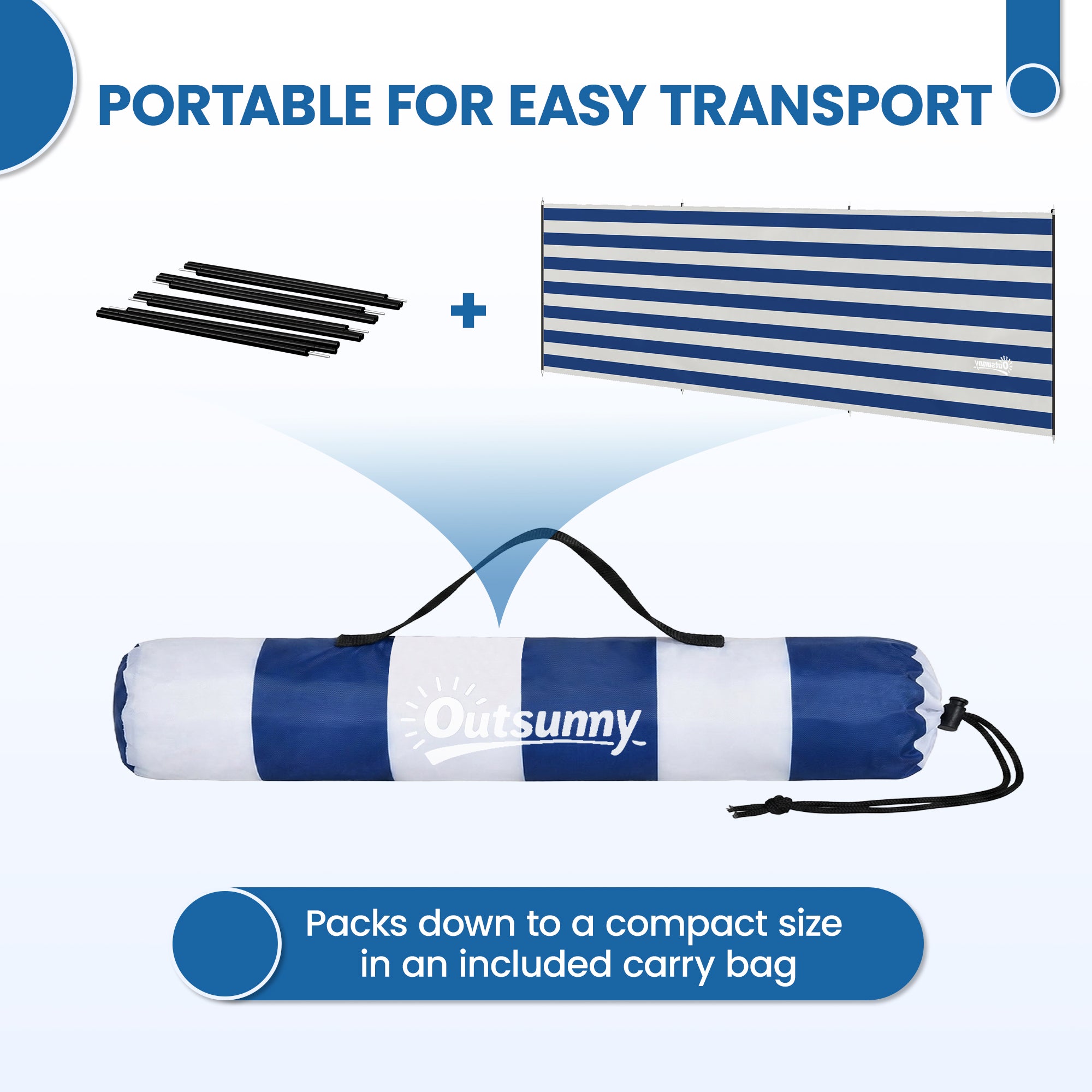 Outsunny 4 Pole Camping Windbreaks, Beach Wind Shield Shelter with Carry Bag and Steel Poles, 540cm x 150cm, Dark Blue