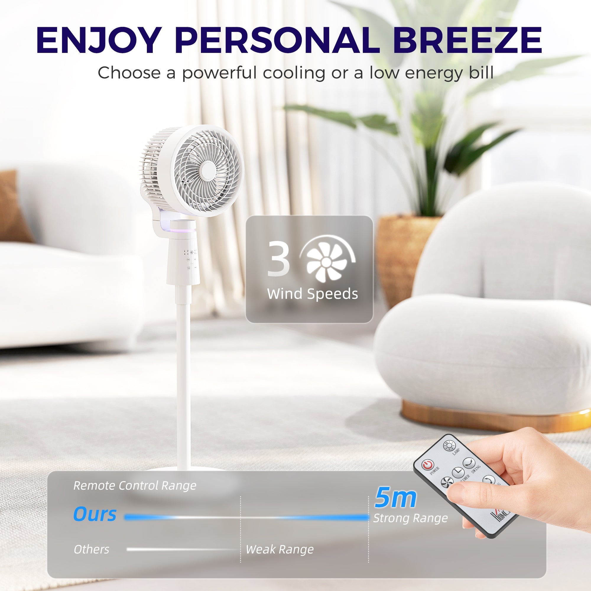 HOMCOM Pedestal Air Circulation Fan with Oscillating, Light Off, White