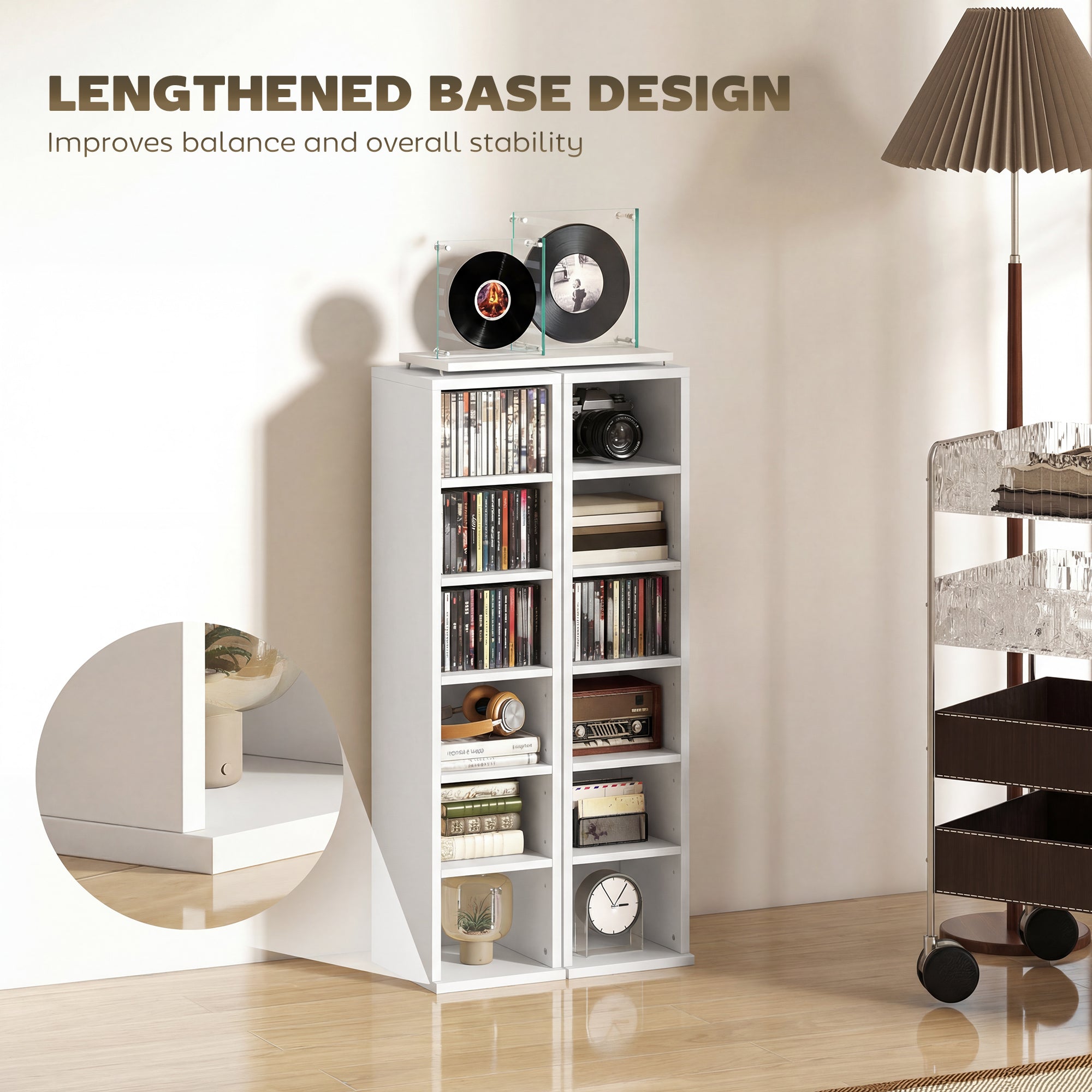 HOMCOM Set of 2 CD Media Display Shelf Unit Tower Rack with Adjustable Shelves, White