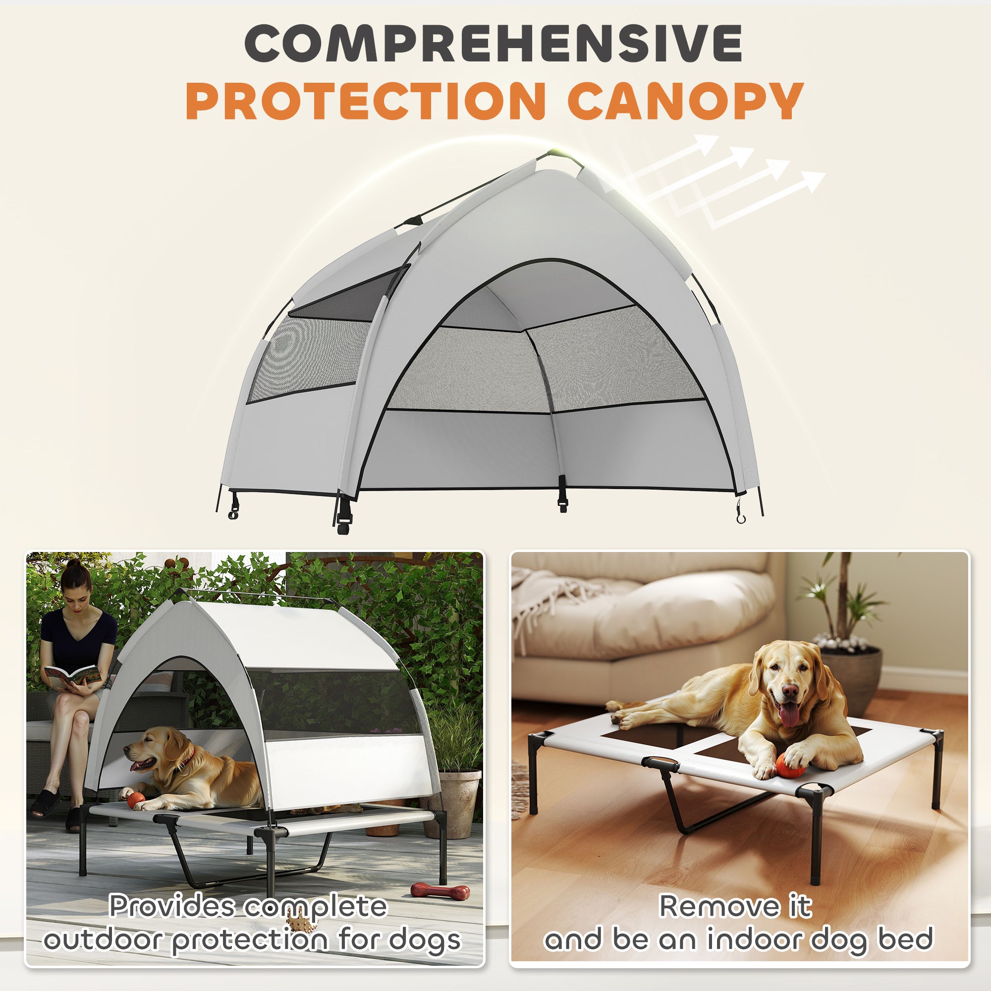 PawHut Portable Elevated Dog Bed with Removable Canopy, Cooling Raised Pet Cot for Medium Large Dogs, 92 x 75 x 89 cm