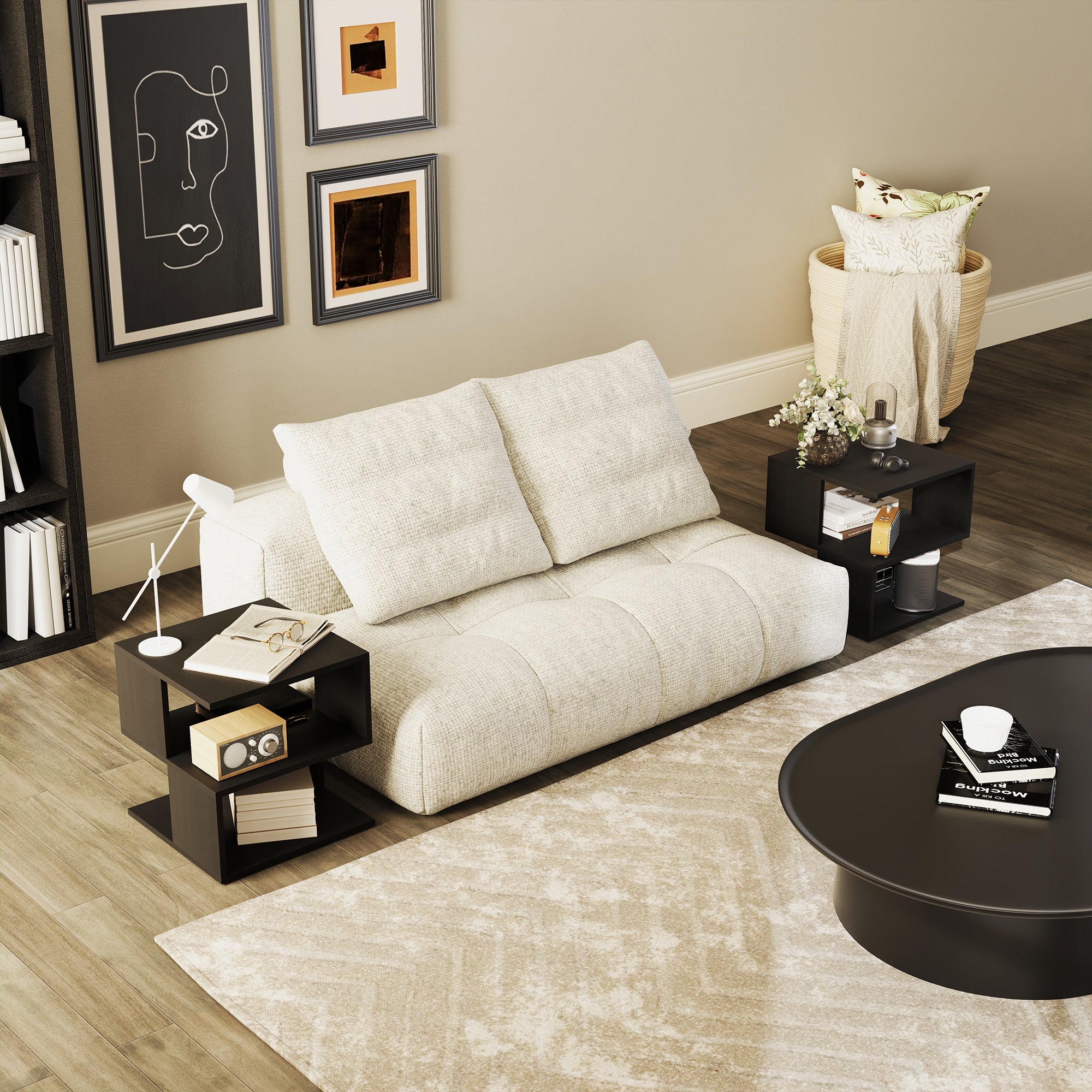 HOMCOM Set of 2 Side Table Square Coffee Table, Modern End Table with 2 Tier Storage Shelves for Living Room, Bedroom, Black