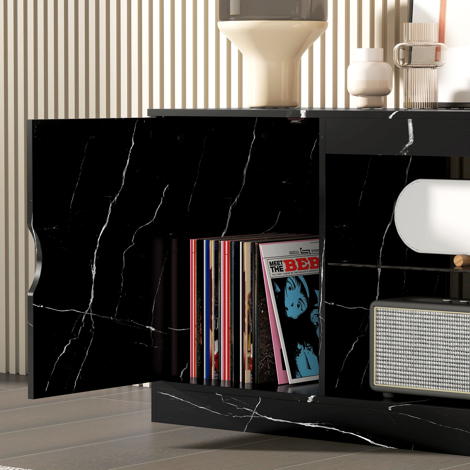 HOMCOM TV Stand Cabinet, Marble Effect TV Unit for up to 55" TVs with Glass Shelf and Storage Cabinet, Entertainment Unit for Living Room, Bedroom, Black