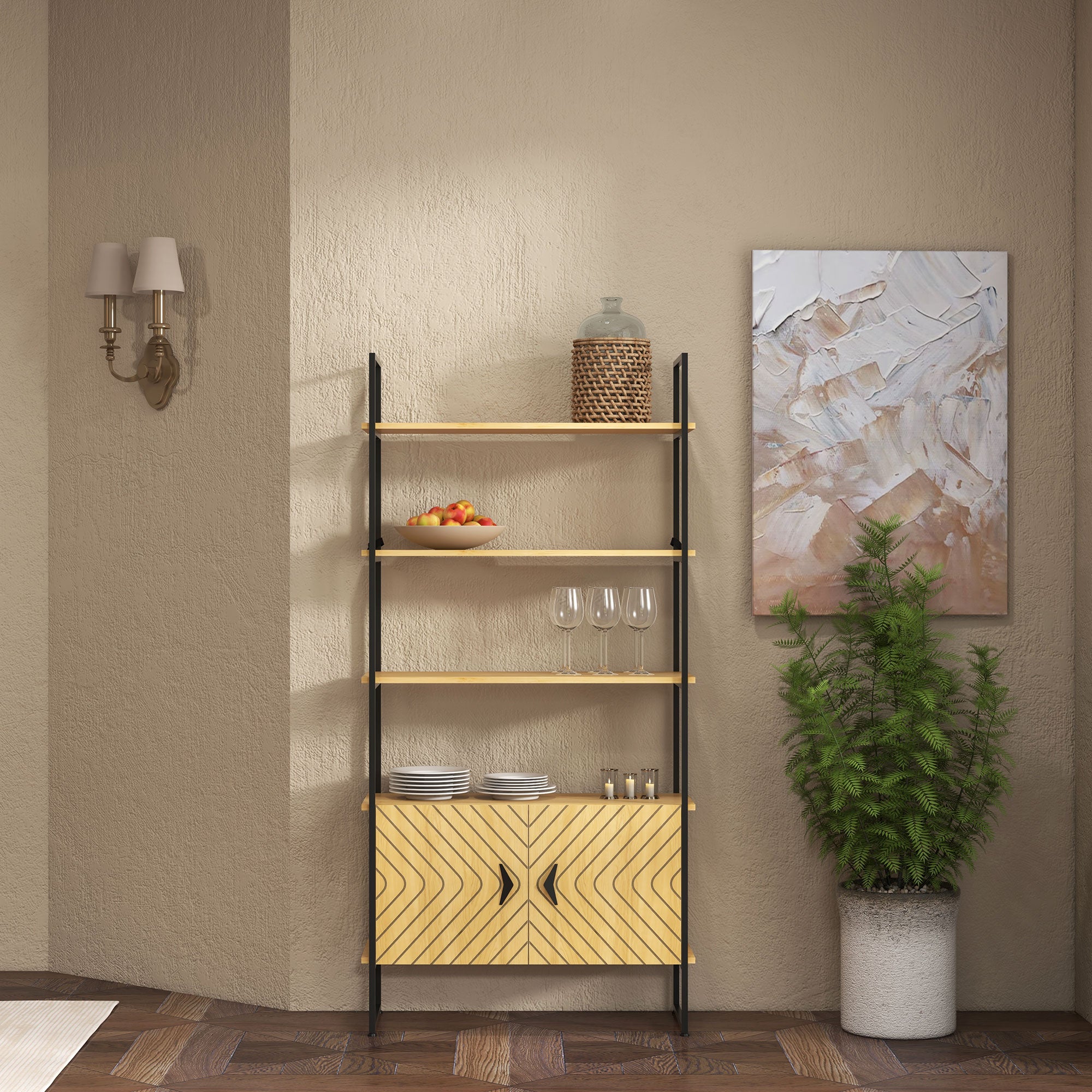 HOMCOM Bookcase 4-Tier Storage Shelf with Double Door Cabinet and Metal Frame for Living Room, Bedroom, Oak Tone
