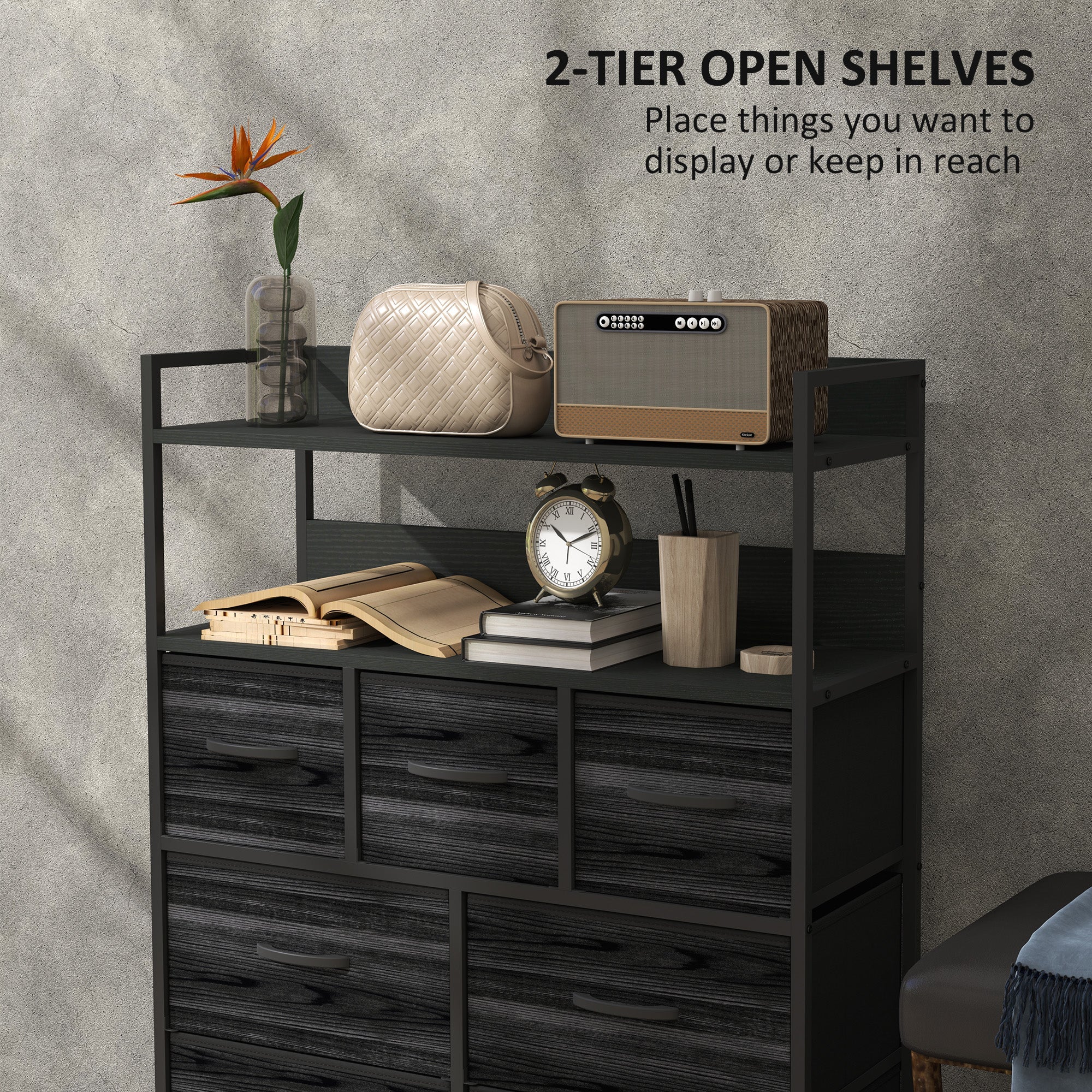HOMCOM Rustic Chest of Seven Fabric Drawers - Black