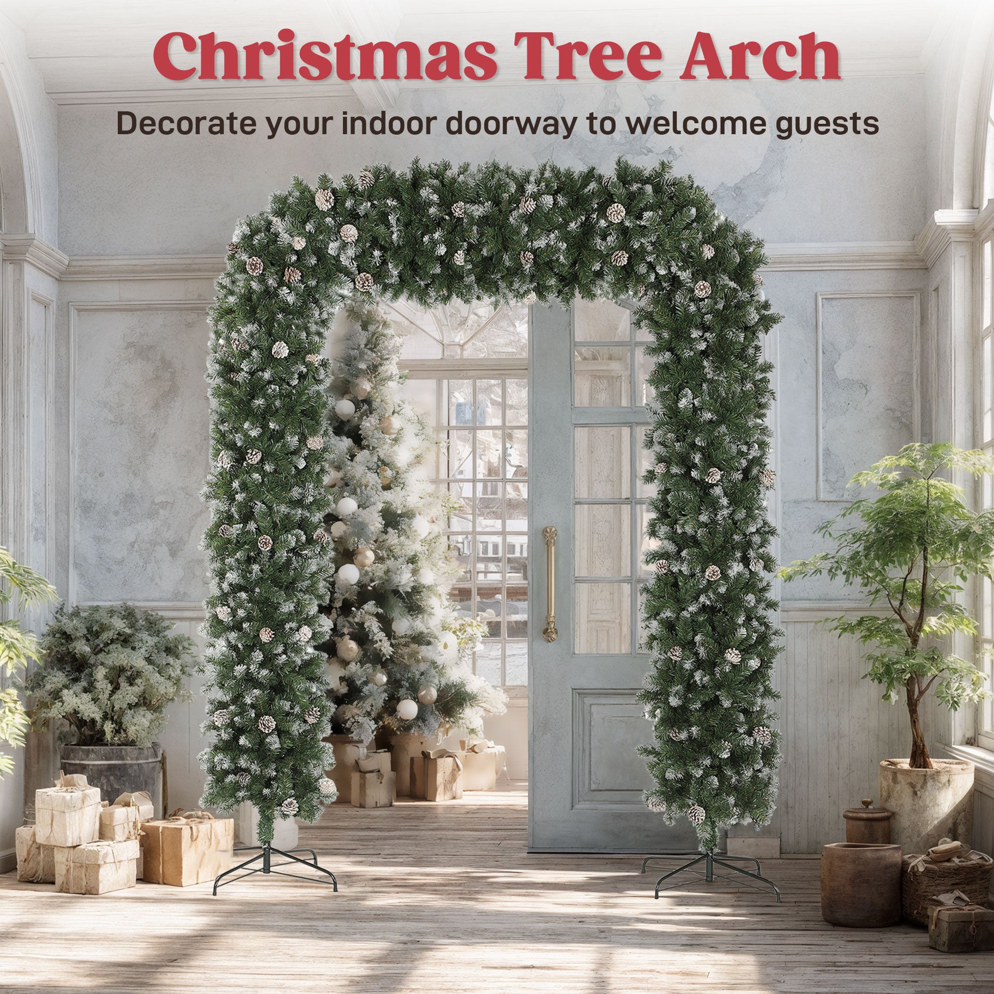 HOMCOM 8.2 ft Snow Frosted Christmas Tree Arch, Christmas Arch Doorway Decor with 1800 Tips and 91 Pinecones, Artificial Xmas Tree with Metal Stand for Indoor, Green
