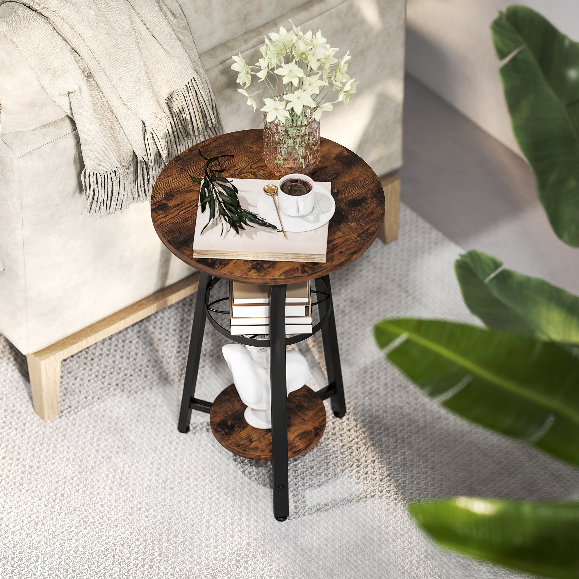HOMCOM Small Round Side Table with 3 Storage Shelves - Rustic Brown