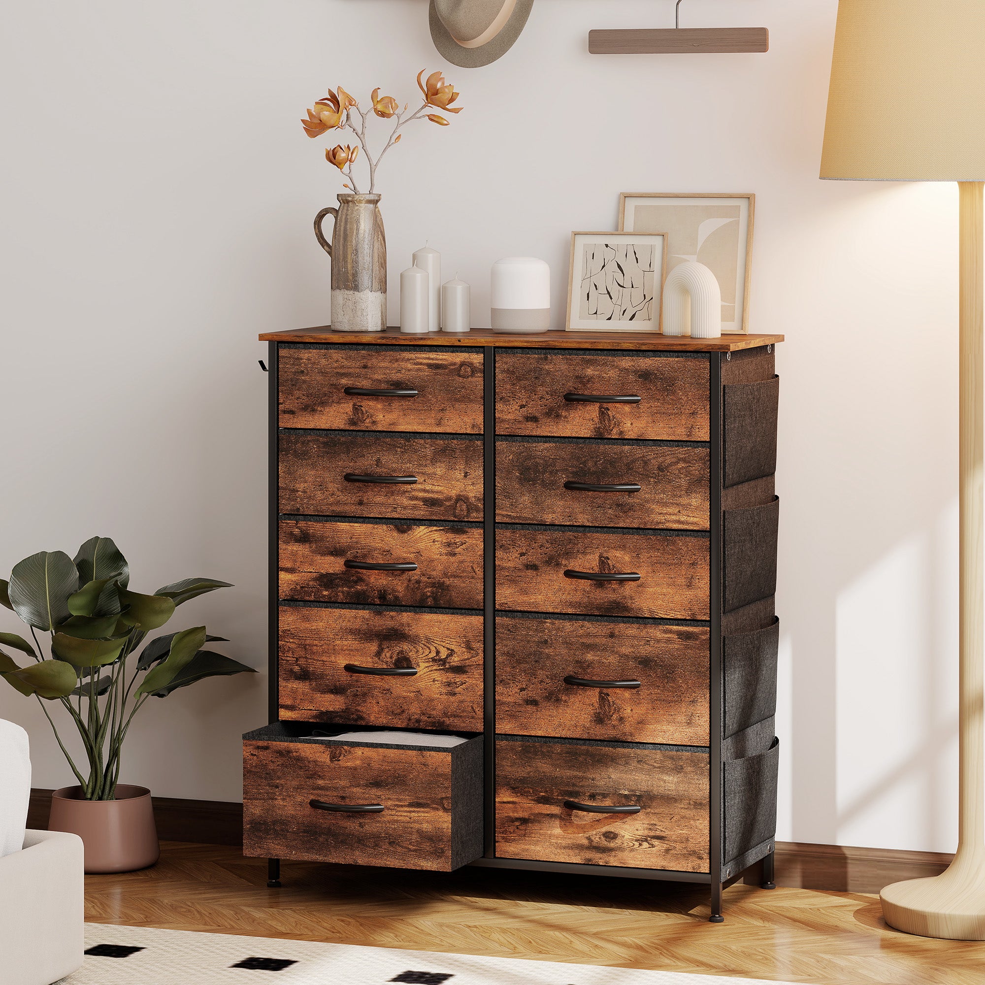 HOMCOM Chest of Ten Fabric Drawers - Rustic Brown