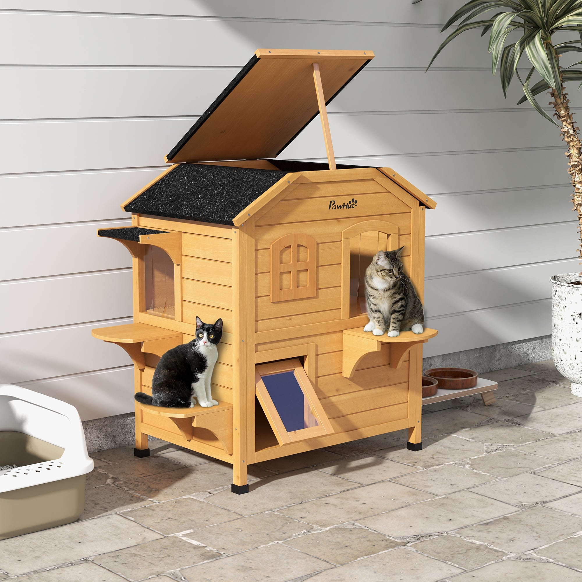 PawHut\'c2\'a02-story Cat House Outdoor, Weatherproof\'c2\'a0Wooden Cat Enclosure for Feral Cats with Escape Door, Openable Roof, Jumping Platforms, Natural Wood Finish