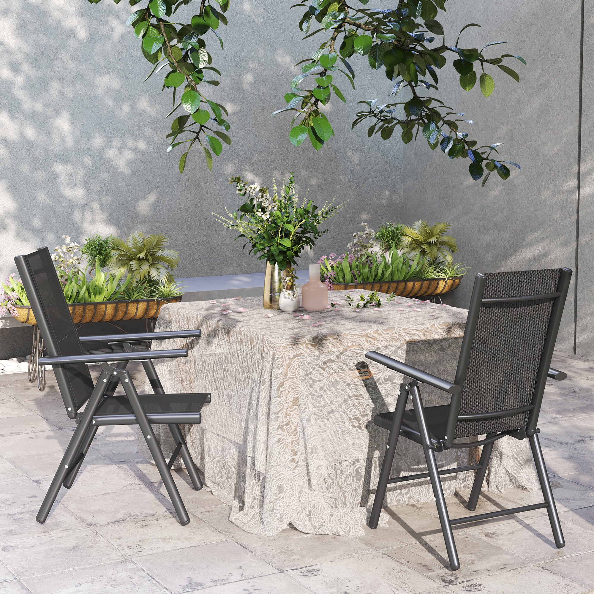 Outsunny Set of 2 Folding Chair, Aluminium Frame Outdoor Camping Chairs with Breathable Mesh Back and Seat, Garden Chair Set with Armrests for Balcony, Dark Grey