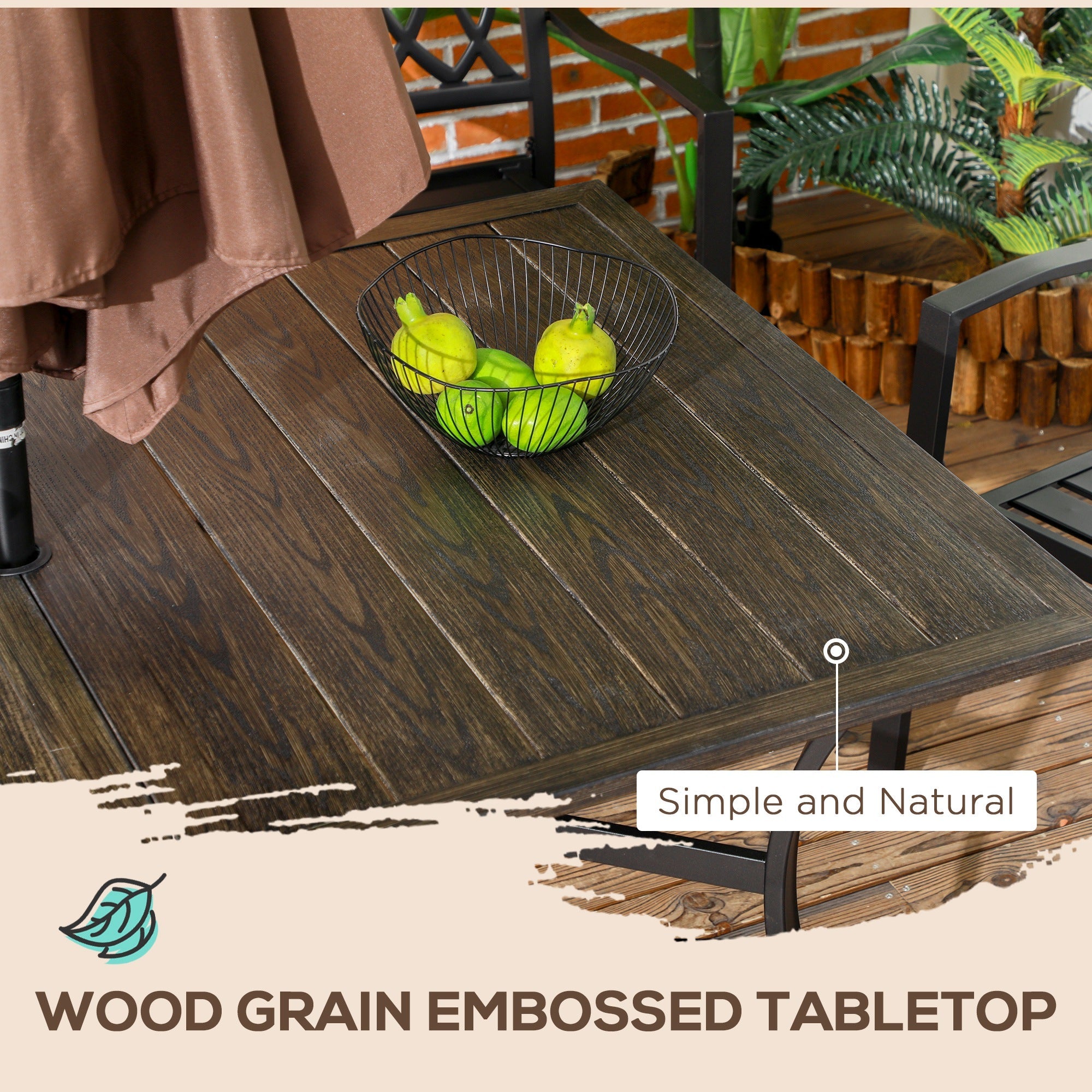 Outsunny Six-Seater Steel Garden Table, with \'e2\'8c\'8041mm Parasol Hole - Wood-Effect