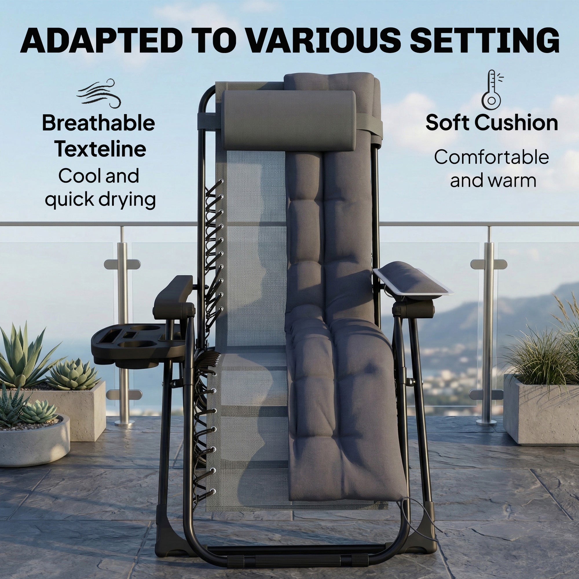 Outsunny Zero Gravity Chair, Folding Sun Lounger Reclining Garden Chair with Arm Pads, Cushion, Cup Holder, Headrest, Dark Grey