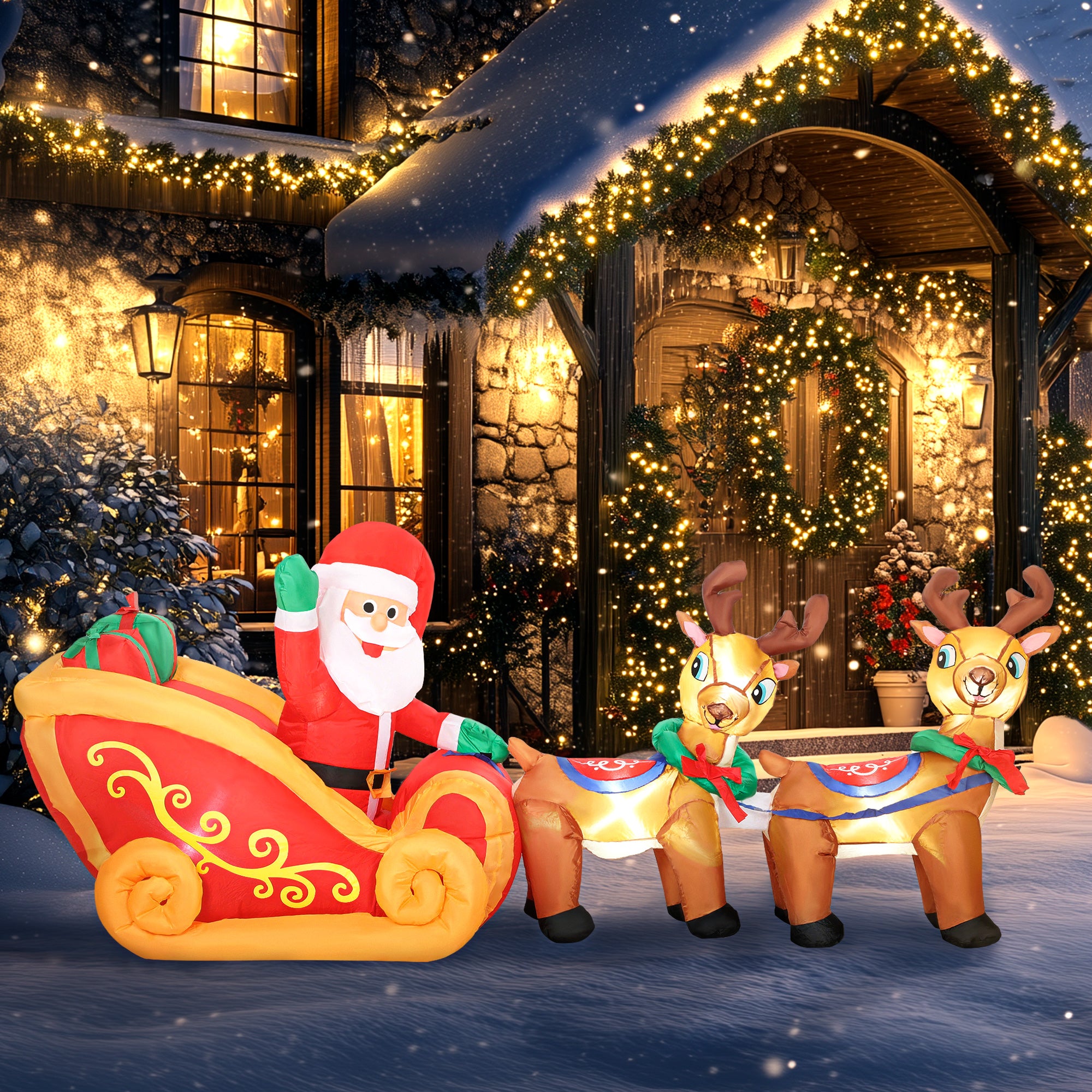 Outsunny 7.9ft Christmas Inflatable Santa on Sleigh with Two Reindeer, Outdoor Christmas Blow Up Decoration with Built-in LED Lights for Garden, Indoor Outdoor Home Decor