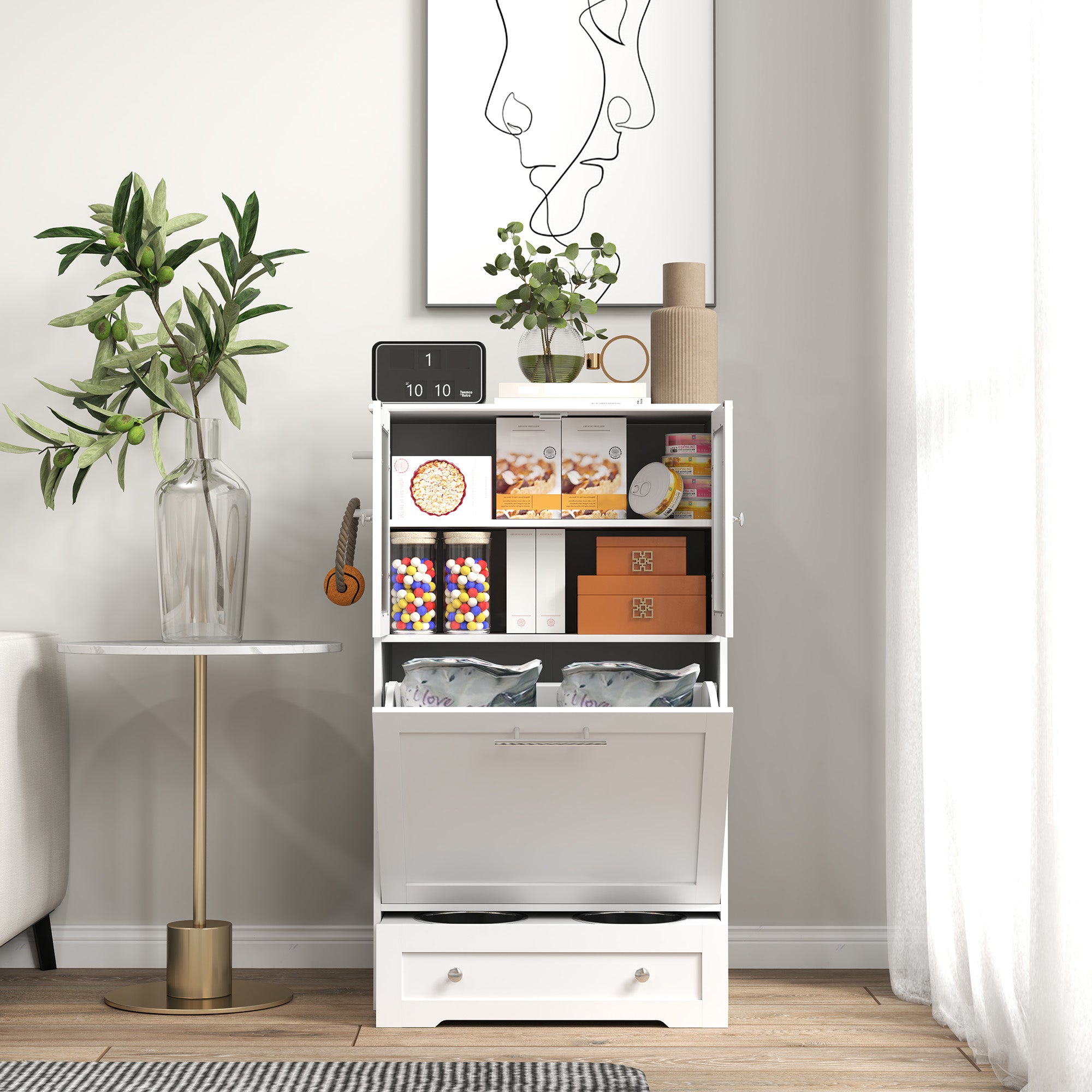 PawHut Dog Feeding Station with 2 Storage Cabinets, 2 Elevated Bowls, Side Hooks, Anti-tip Kit for Water and Feeding Supplies