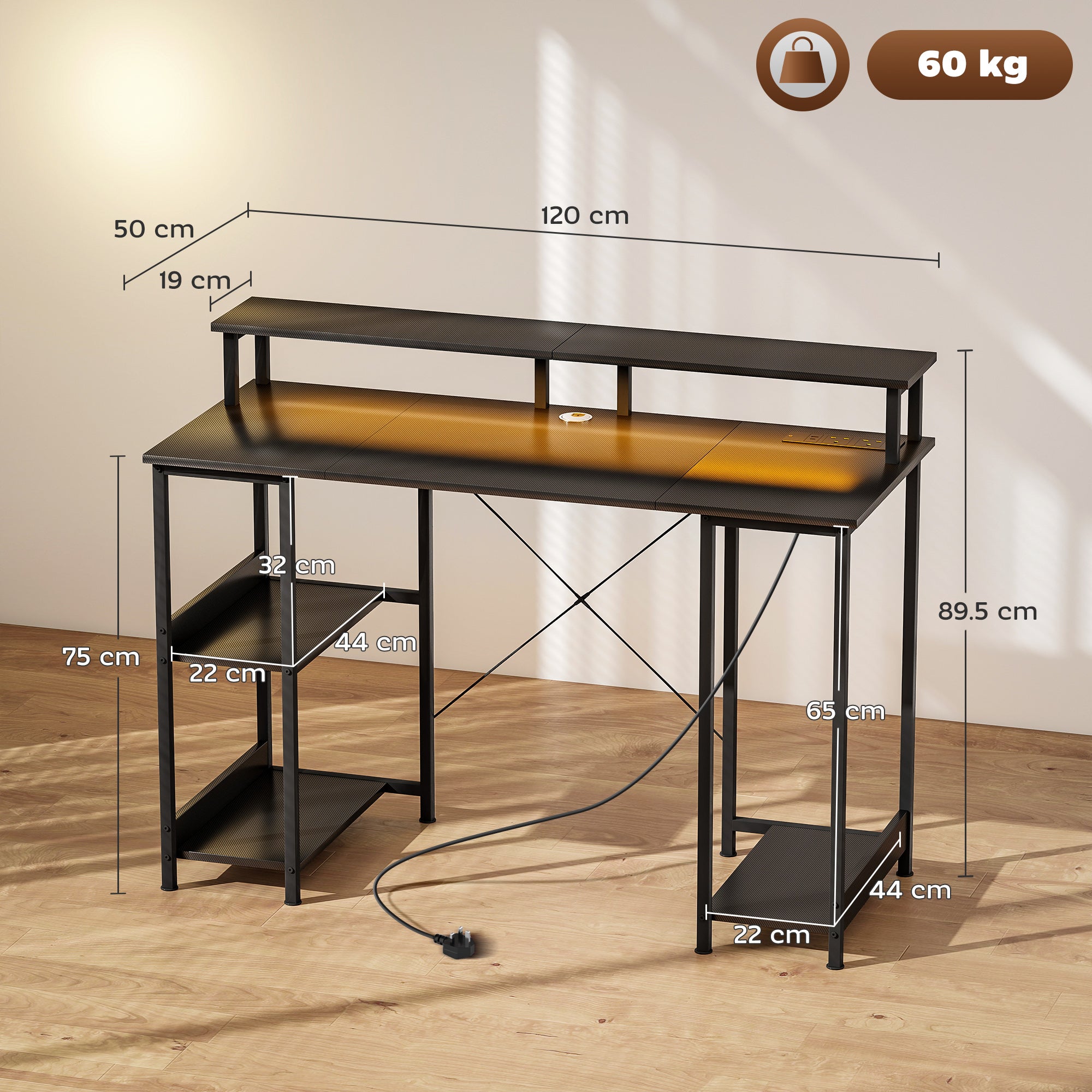 HOMCOM LED Computer Desk, with Power Outlets and Shelves - Carbon Fibre Grey