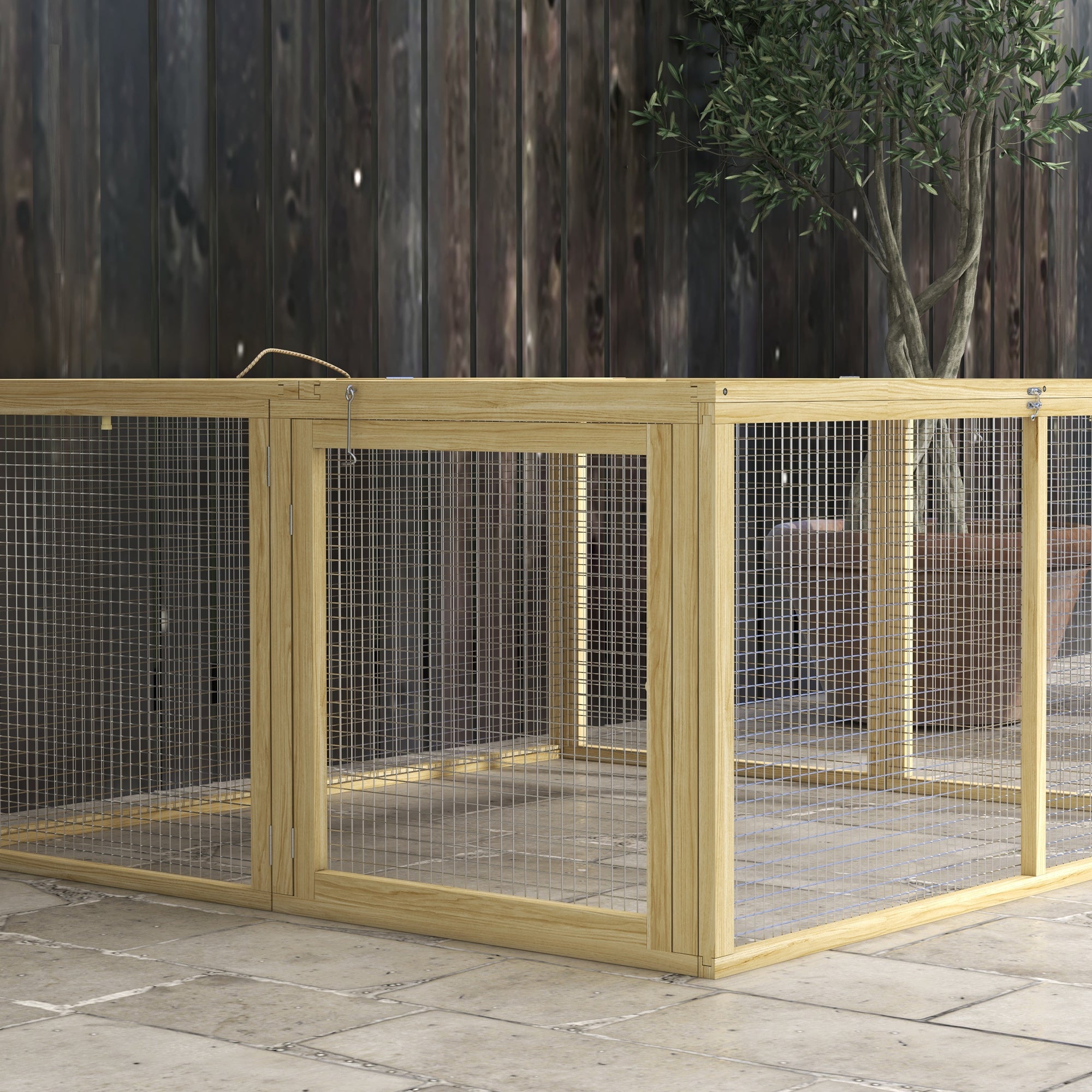PawHut Wooden Folding Rabbit Hutch, for 2-3 Rabbits - Natural Wood