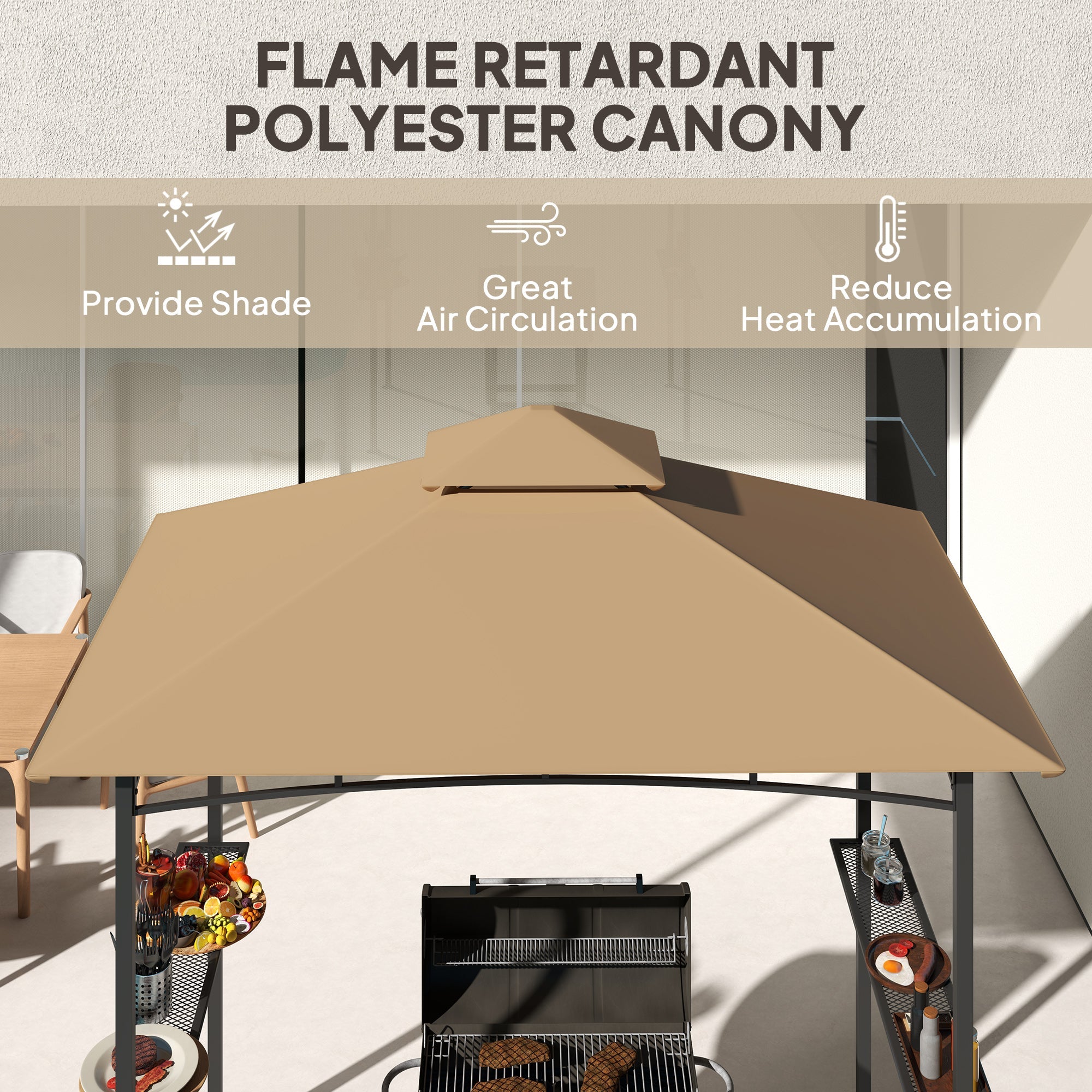 Outsunny 2.5M (8ft) New Double-Tier BBQ Gazebo Shelter Grill Canopy Barbecue Tent Shelter Patio Deck Cover - Khaki