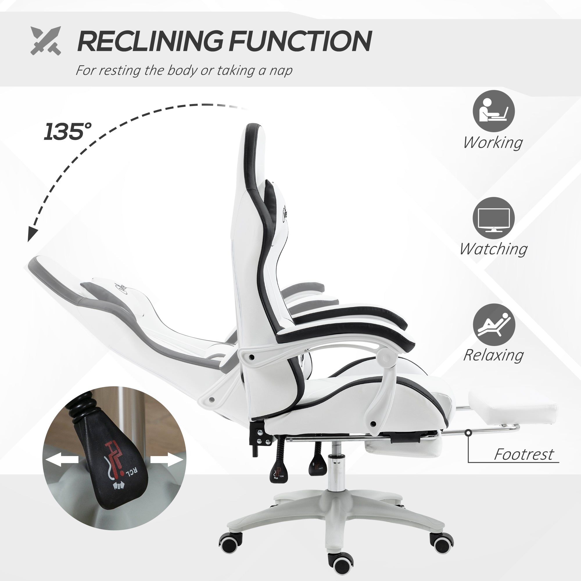 Vinsetto Computer Gaming Chair, PU Leather Desk Chair with Footrest, Swivel Task Chair with 135\'c2\'b0 Reclining Back and Lumbar Support, PC Chair for Adults, White and Black