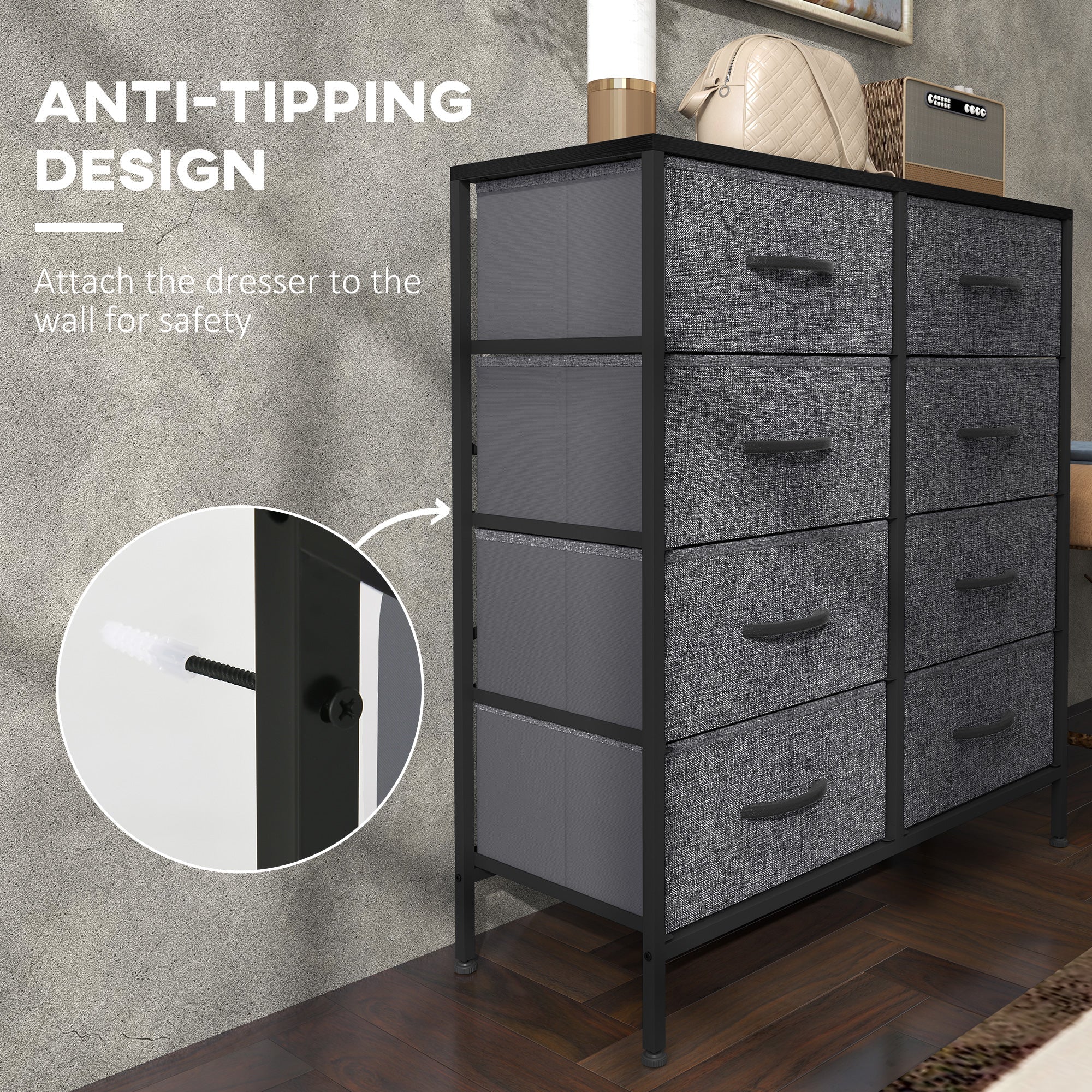 HOMCOM Fabric Chest of Drawers, Storage Drawers, Industrial Bedroom Dresser with 8 Fabric Drawers, Steel Frame and Wooden Top for Nursery, Living Room, Hallway, Black