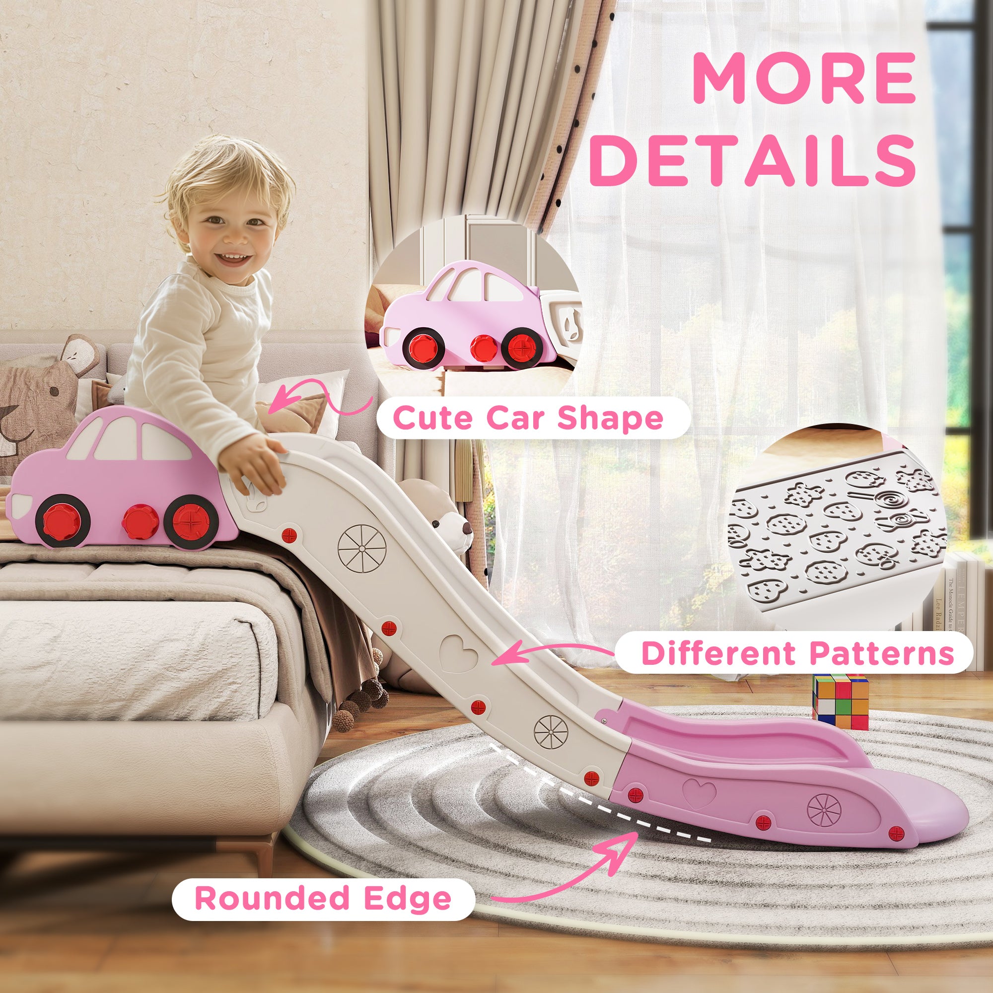 AIYAPLAY Kids Slide for Bed, Sofa, with Extended Length, Easy to assemble and Store, Pink