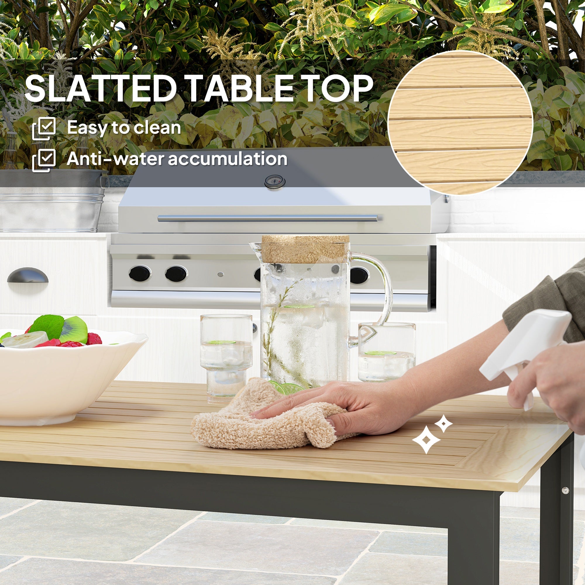 Outsunny Garden Dining Table, 175 x 78 x 75 cm Rectangle Outdoor Table for 6 People with Slatted Table Top, Metal Frame, for Balcony, Deck, Teak