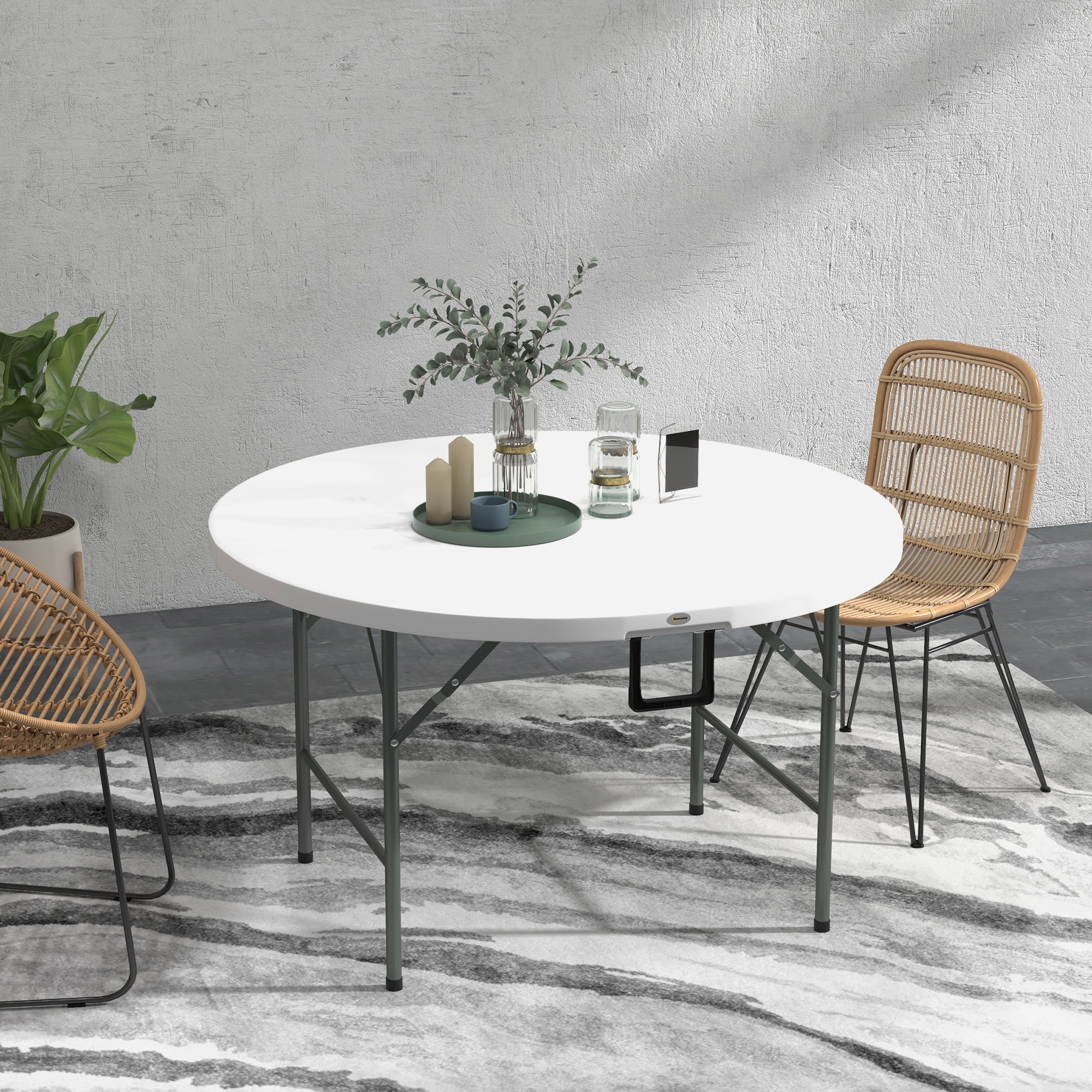 Outsunny \'ce\'a6122 Folding Garden Table, Outdoor HDPE Round Picnic Table for 6, Patio Table with Metal Frame, White