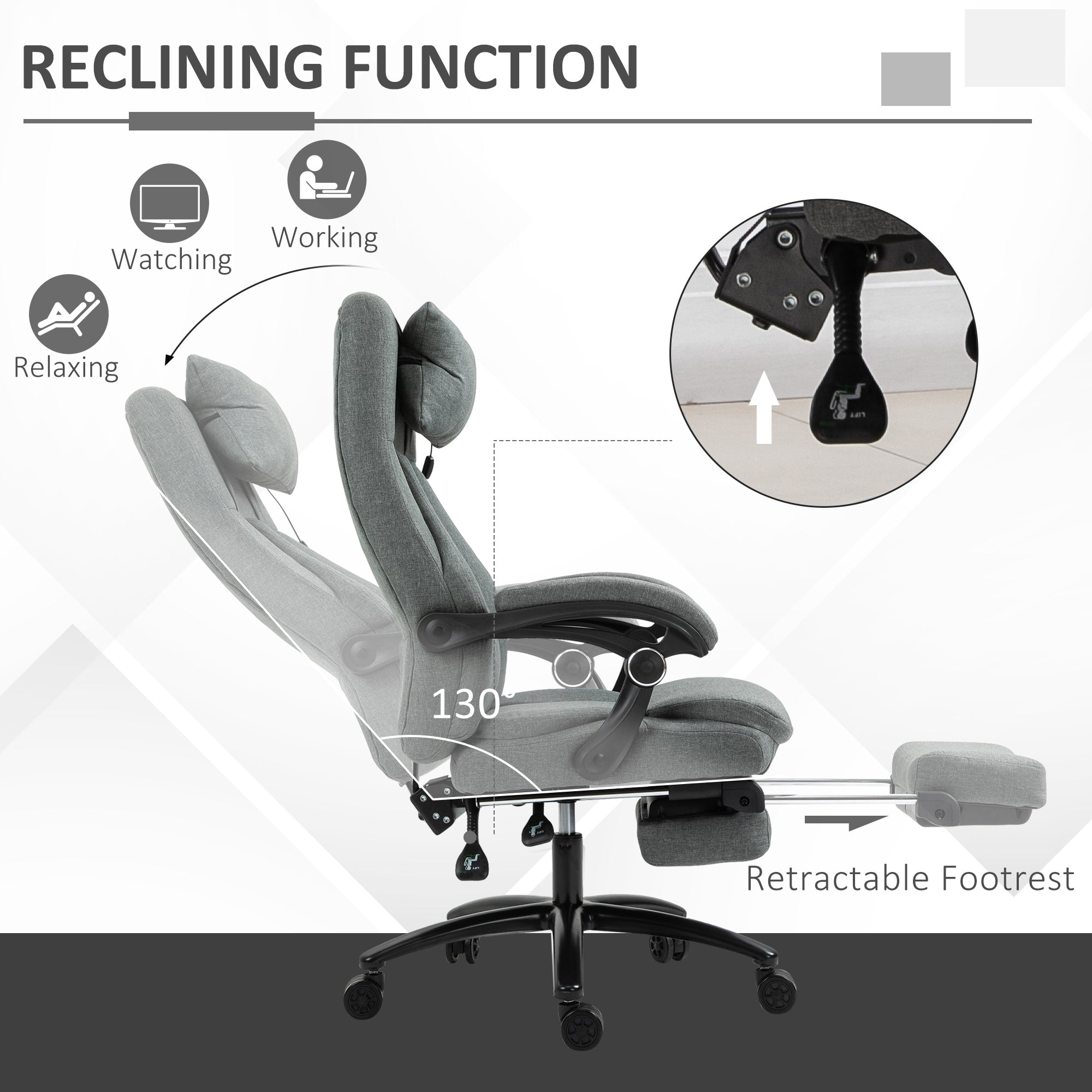 Vinsetto Office Chair, Fabric Desk Chair with Adjustable Massage Pillow, USB Power and Retractable Footrest, High Back, 360\'c2\'b0 Swivel, for Home, Grey