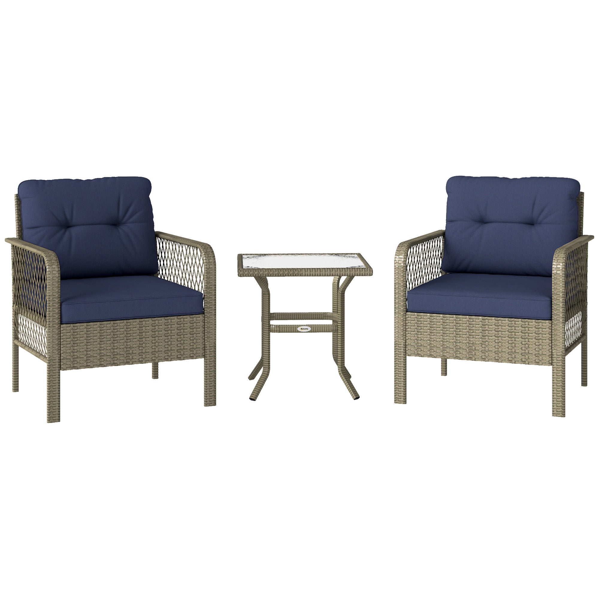 Outsunny 3 Pieces Rattan Bistro Set with Glass Top Coffee Table, Chairs and Cushions for Outdoor, Patio, Balcony, Charcoal Grey