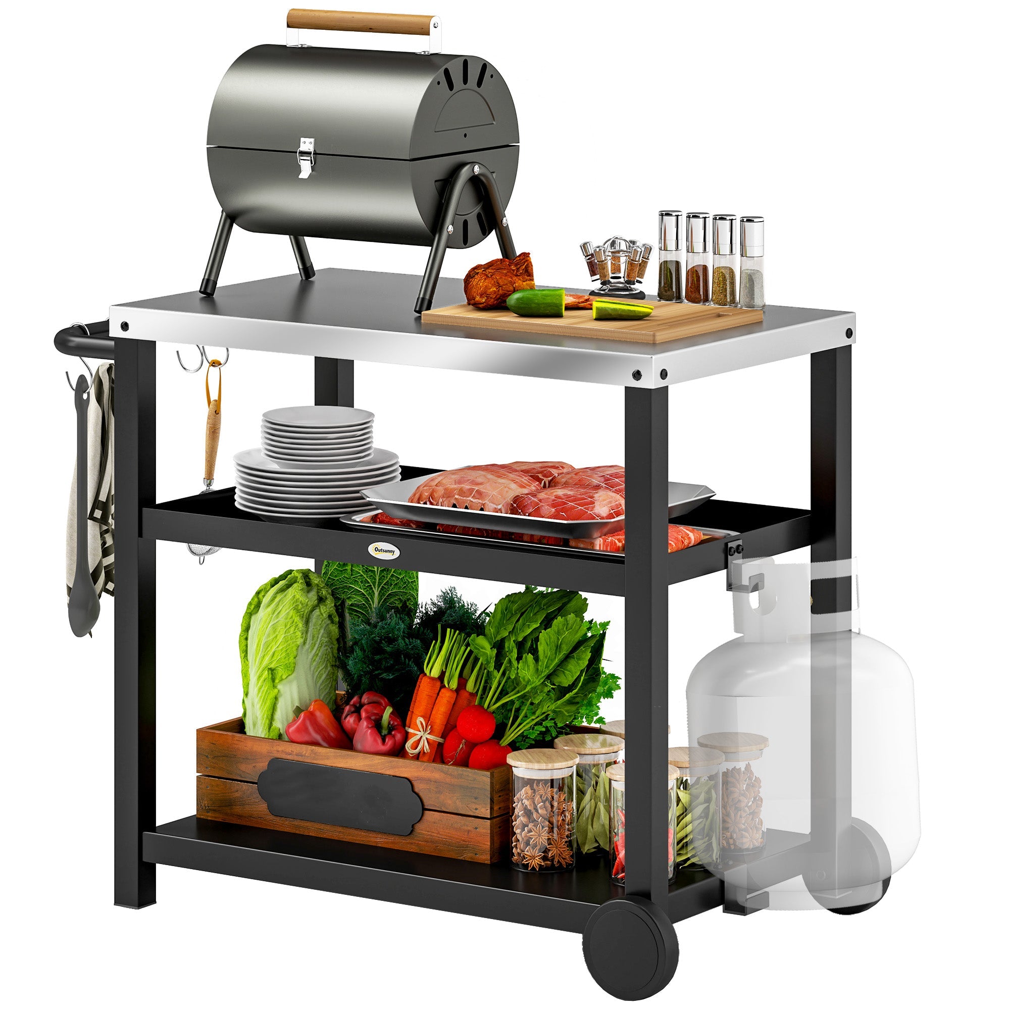 Outsunny Outdoor Grill Dining Cart 3-Shelf Movable Pizza Oven Table Stand with Stainless Steel Top, Portable BBQ Trolley Food Prep Outdoor Kitchen BBQ Station with Hooks Wheels Handle, Charcoal Grey